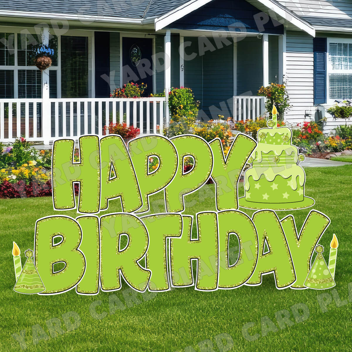 Large 23" Lime Green Happy Birthday Yard Card EZ Quick Sets in Bouncy Bold Font and Birthday Flair
