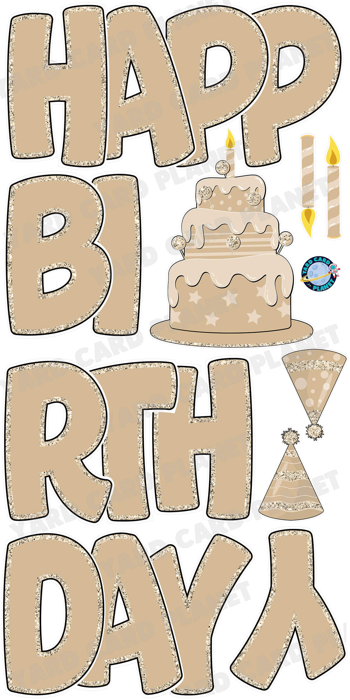 Large 23" Tan Happy Birthday Yard Card EZ Quick Sets in Bouncy Bold Font and Birthday Flair