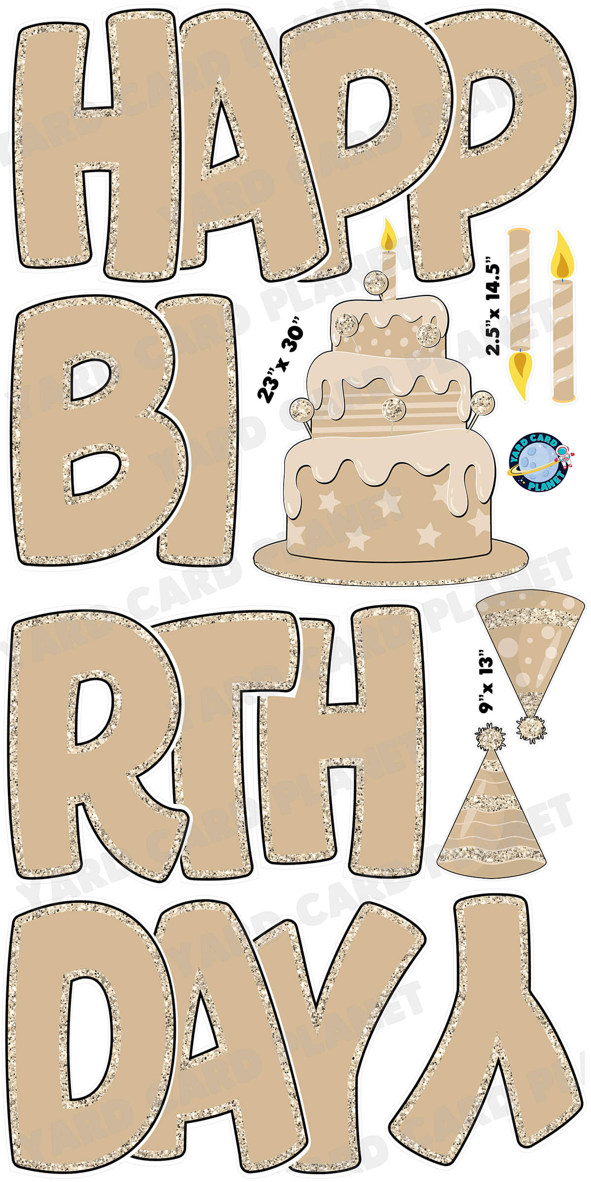 Large 23" Tan Happy Birthday Yard Card EZ Quick Sets in Bouncy Bold Font and Birthday Flair