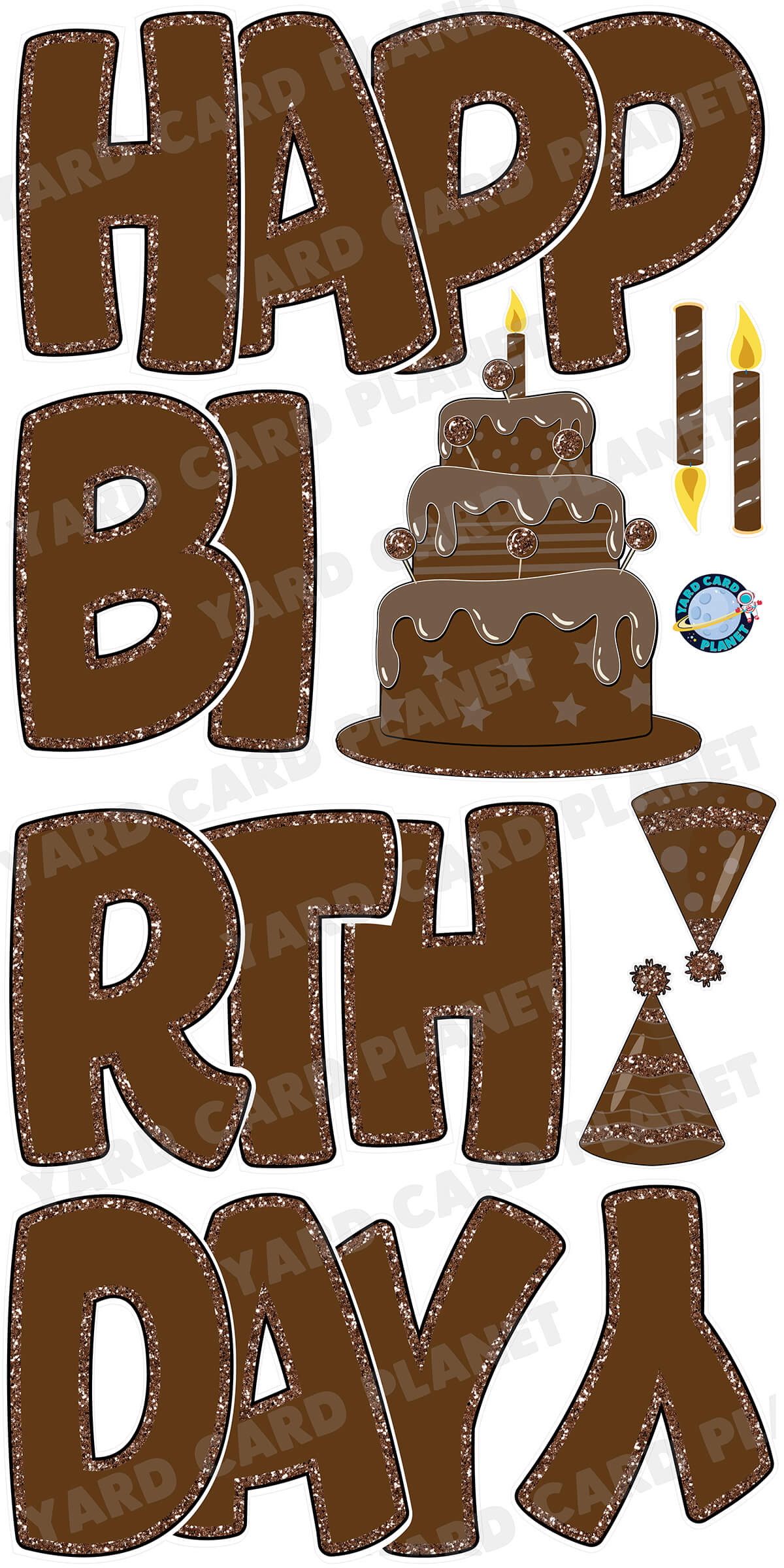 Large 23" Brown Happy Birthday Yard Card EZ Quick Sets in Bouncy Bold Font and Birthday Flair
