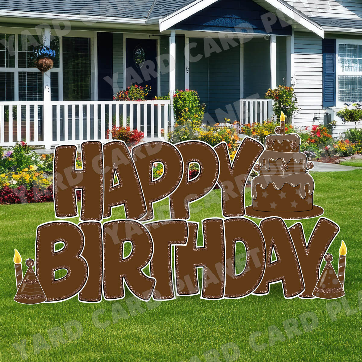 Large 23" Brown Happy Birthday Yard Card EZ Quick Sets in Bouncy Bold Font and Birthday Flair