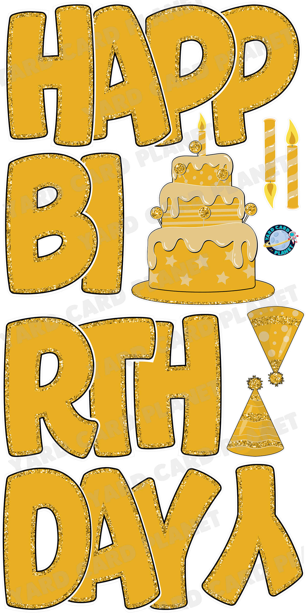 Large 23" Gold Happy Birthday Yard Card EZ Quick Sets in Bouncy Bold Font and Birthday Flair