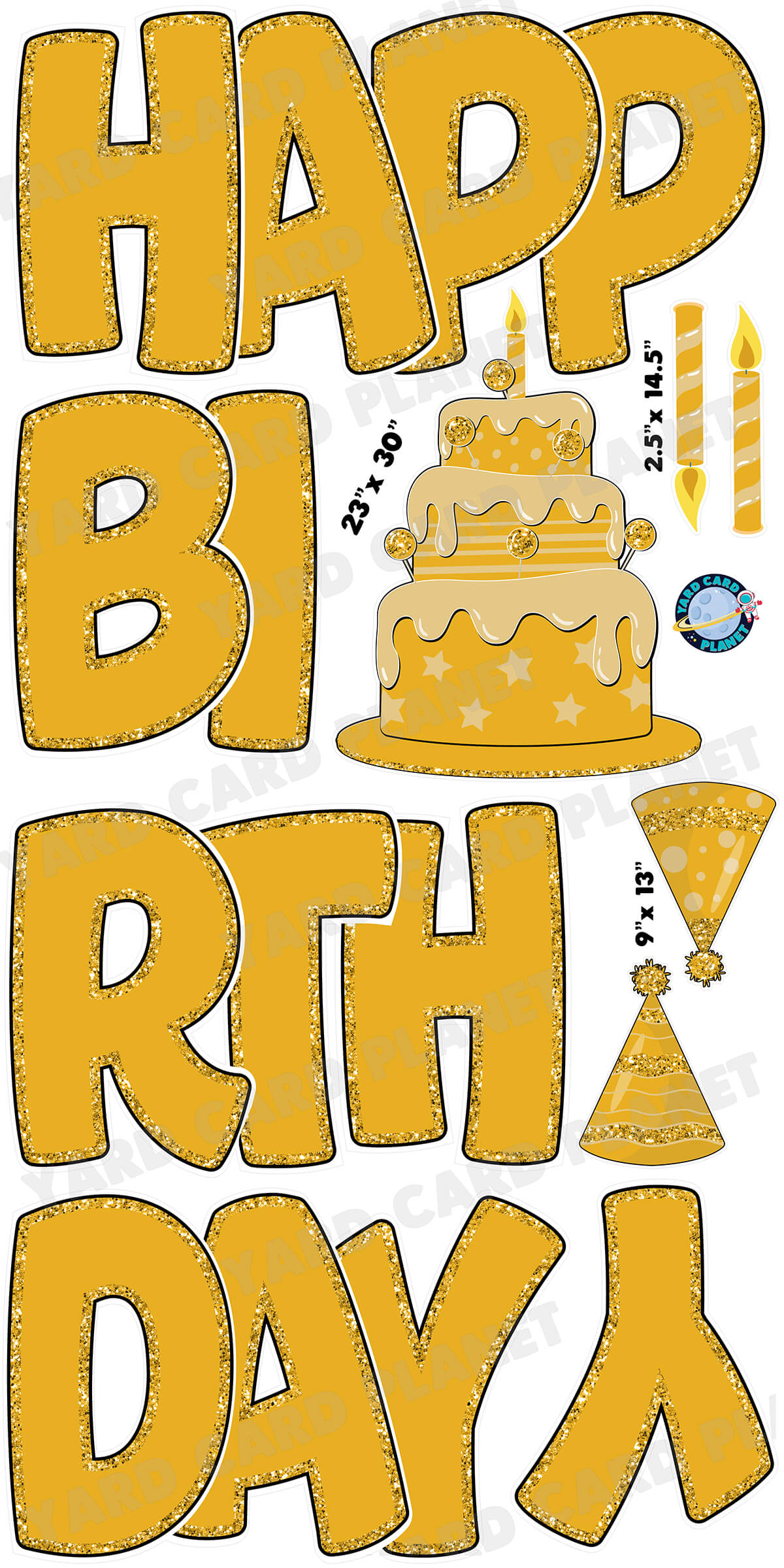 Large 23" Gold Happy Birthday Yard Card EZ Quick Sets in Bouncy Bold Font and Birthday Flair