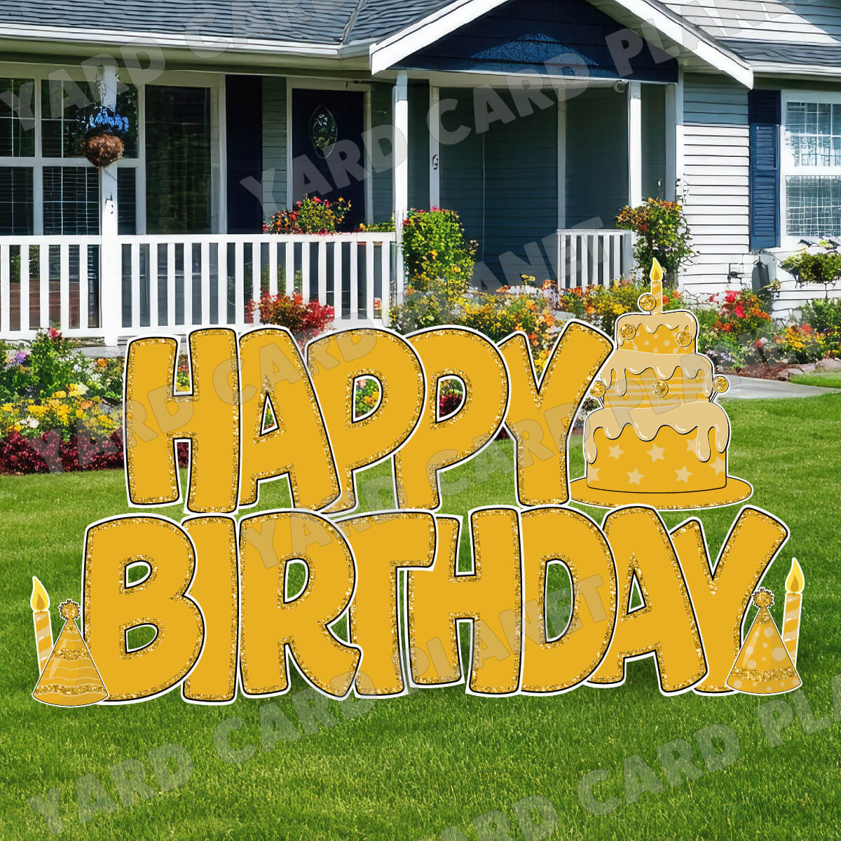 Large 23" Gold Happy Birthday Yard Card EZ Quick Sets in Bouncy Bold Font and Birthday Flair