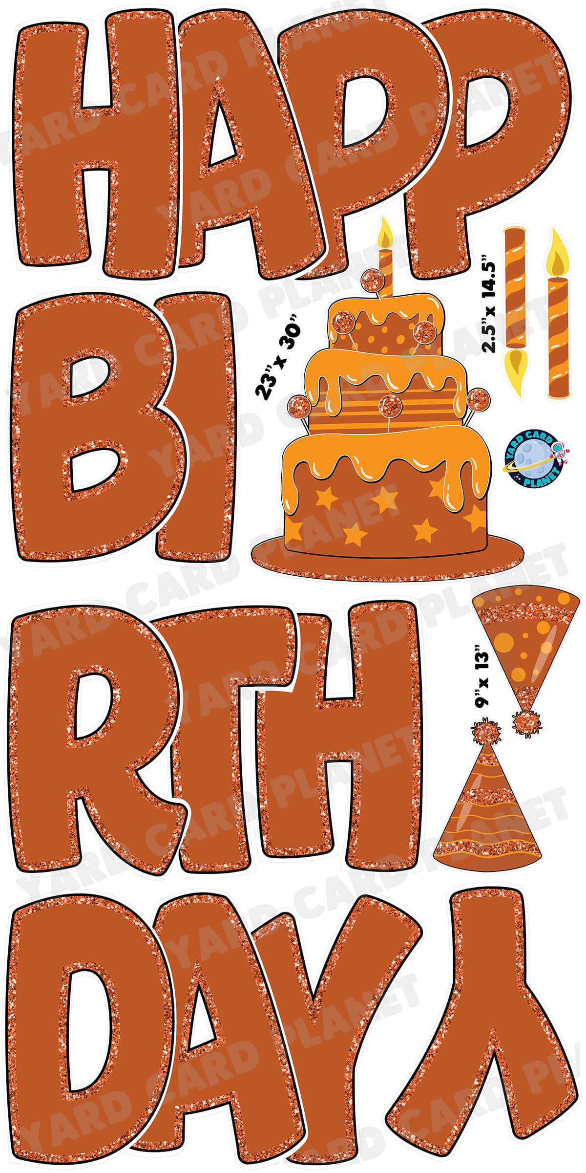 Large 23" Burnt Orange Happy Birthday Yard Card EZ Quick Sets in Bouncy Bold Font and Birthday Flair
