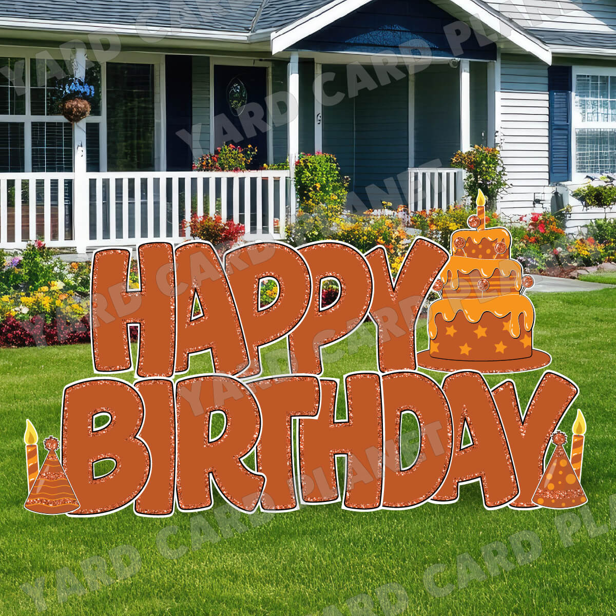 Large 23" Burnt Orange Happy Birthday Yard Card EZ Quick Sets in Bouncy Bold Font and Birthday Flair