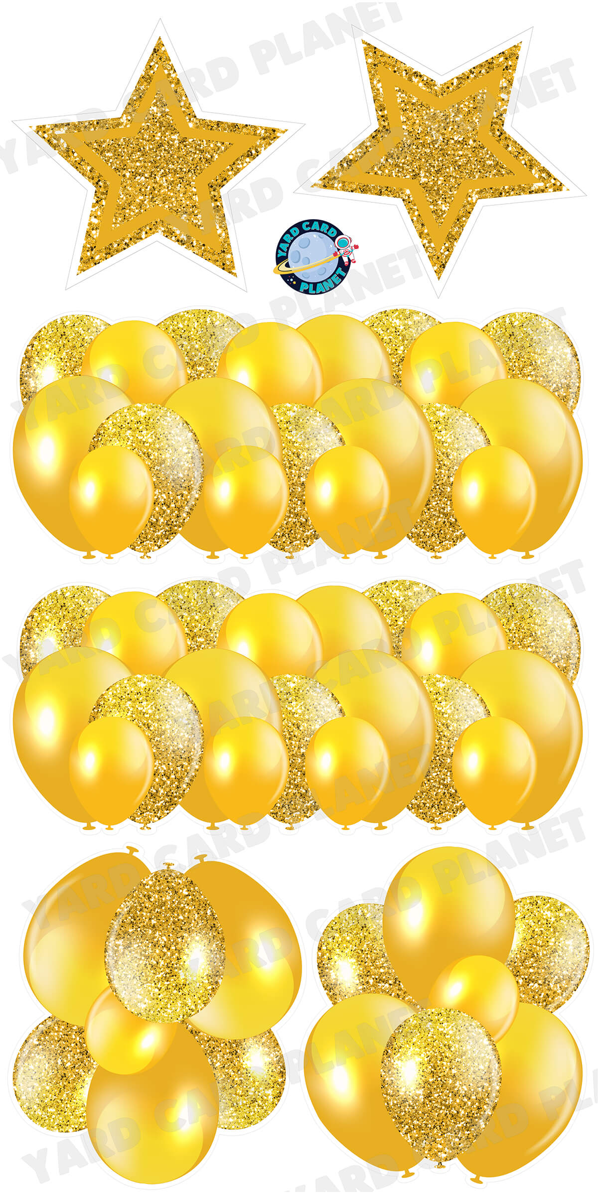 Gold Solid and Glitter Pattern Balloon Panels, Bouquets and Large Stars Yard Card Set