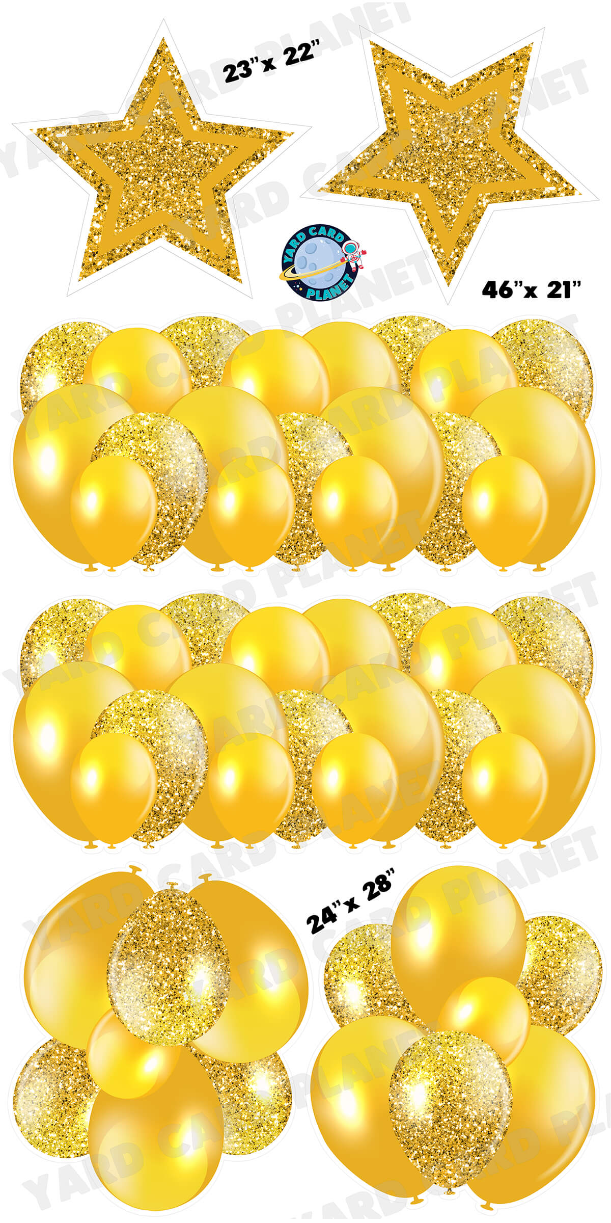 Gold Solid and Glitter Pattern Balloon Panels, Bouquets and Large Stars Yard Card Set