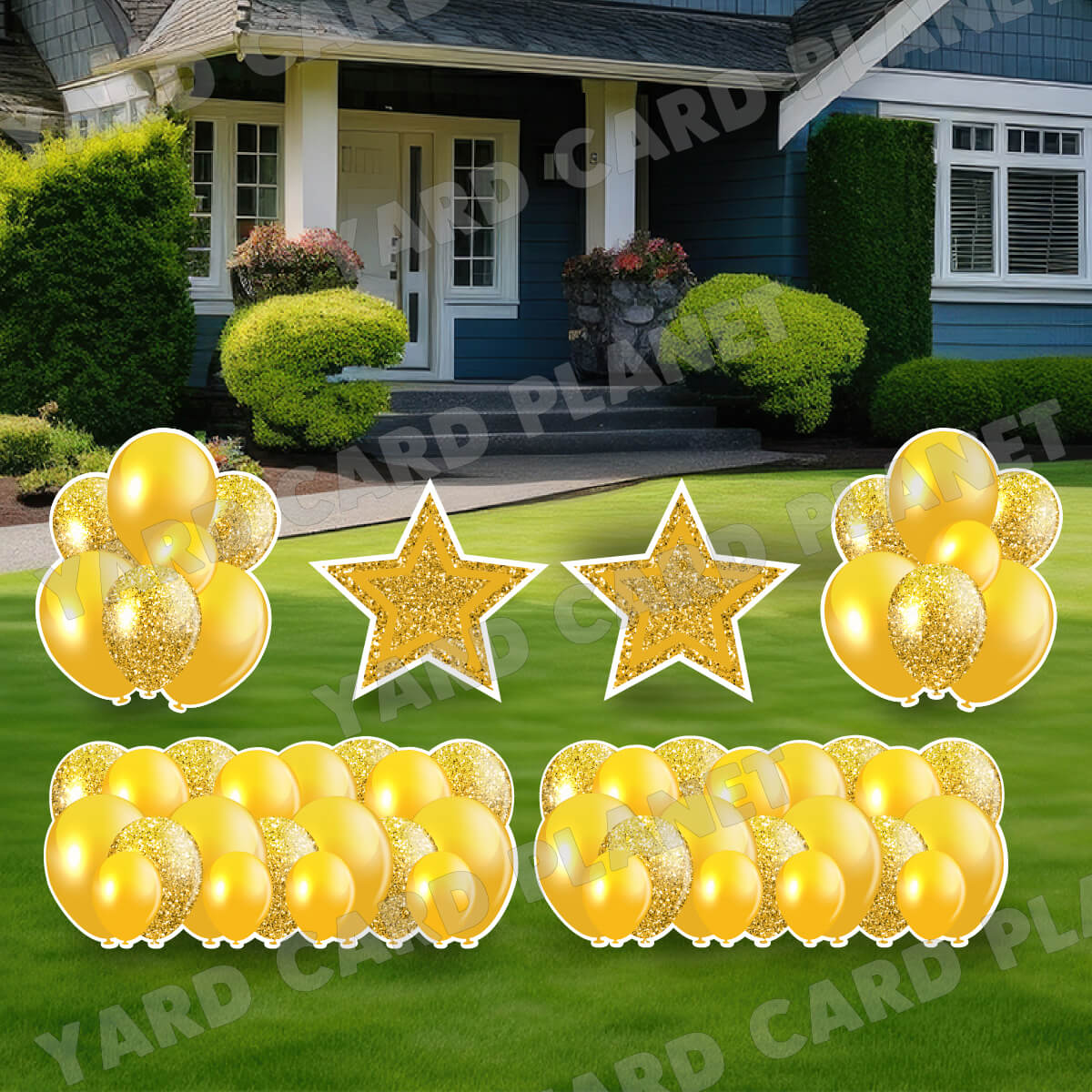 Gold Solid and Glitter Pattern Balloon Panels, Bouquets and Large Stars Yard Card Set