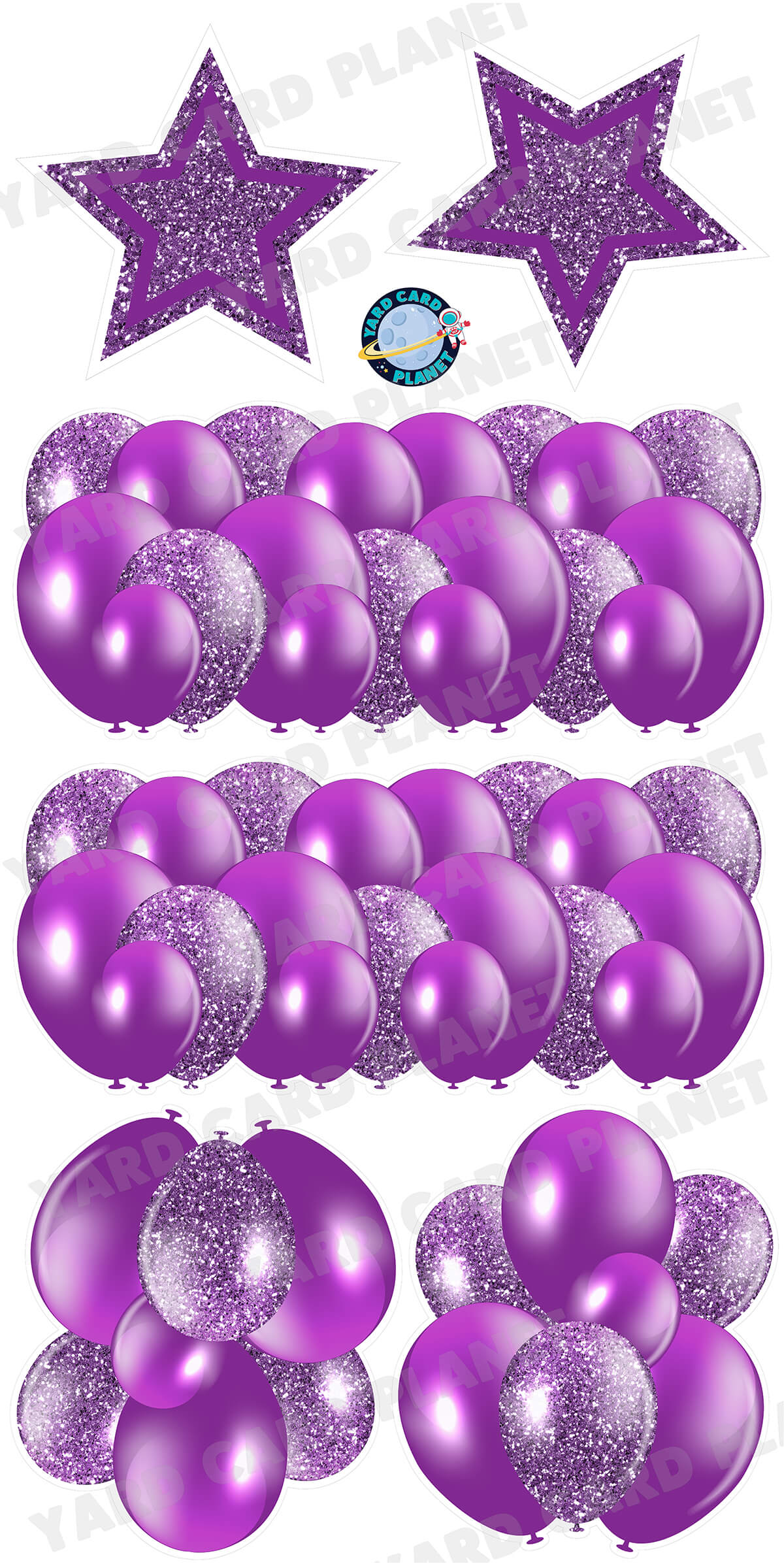 Purple Solid and Glitter Pattern Balloon Panels, Bouquets and Large Stars Yard Card Set