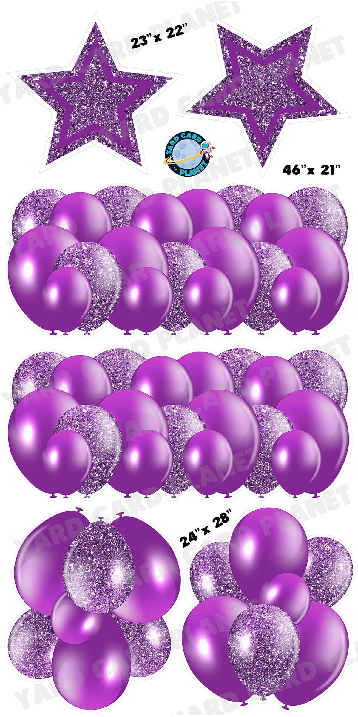 Purple Solid and Glitter Pattern Balloon Panels, Bouquets and Large Stars Yard Card Set