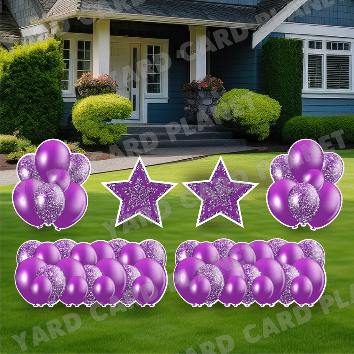Purple Solid and Glitter Pattern Balloon Panels, Bouquets and Large Stars Yard Card Set