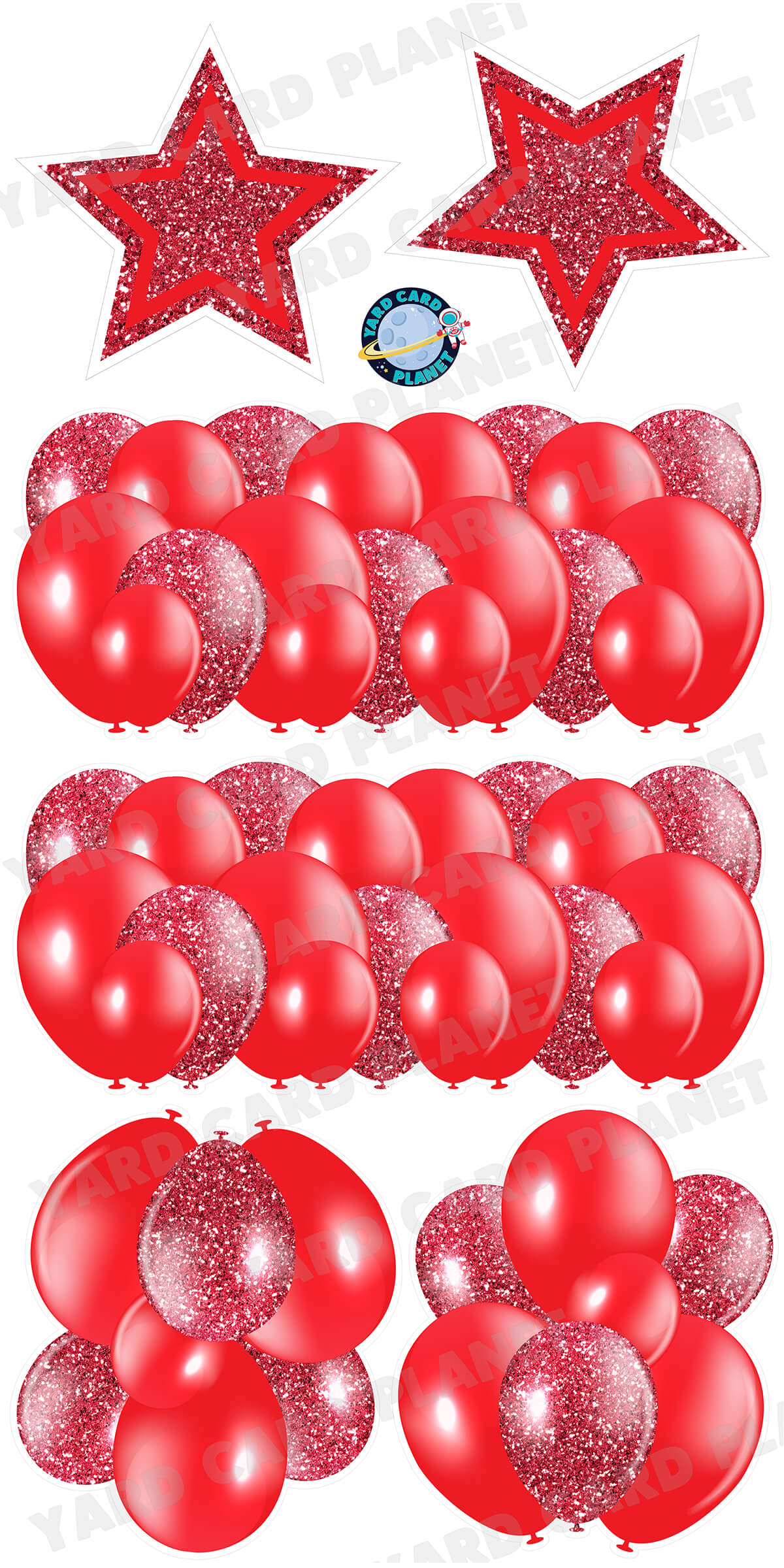 Red Solid and Glitter Pattern Balloon Panels, Bouquets and Large Stars Yard Card Set