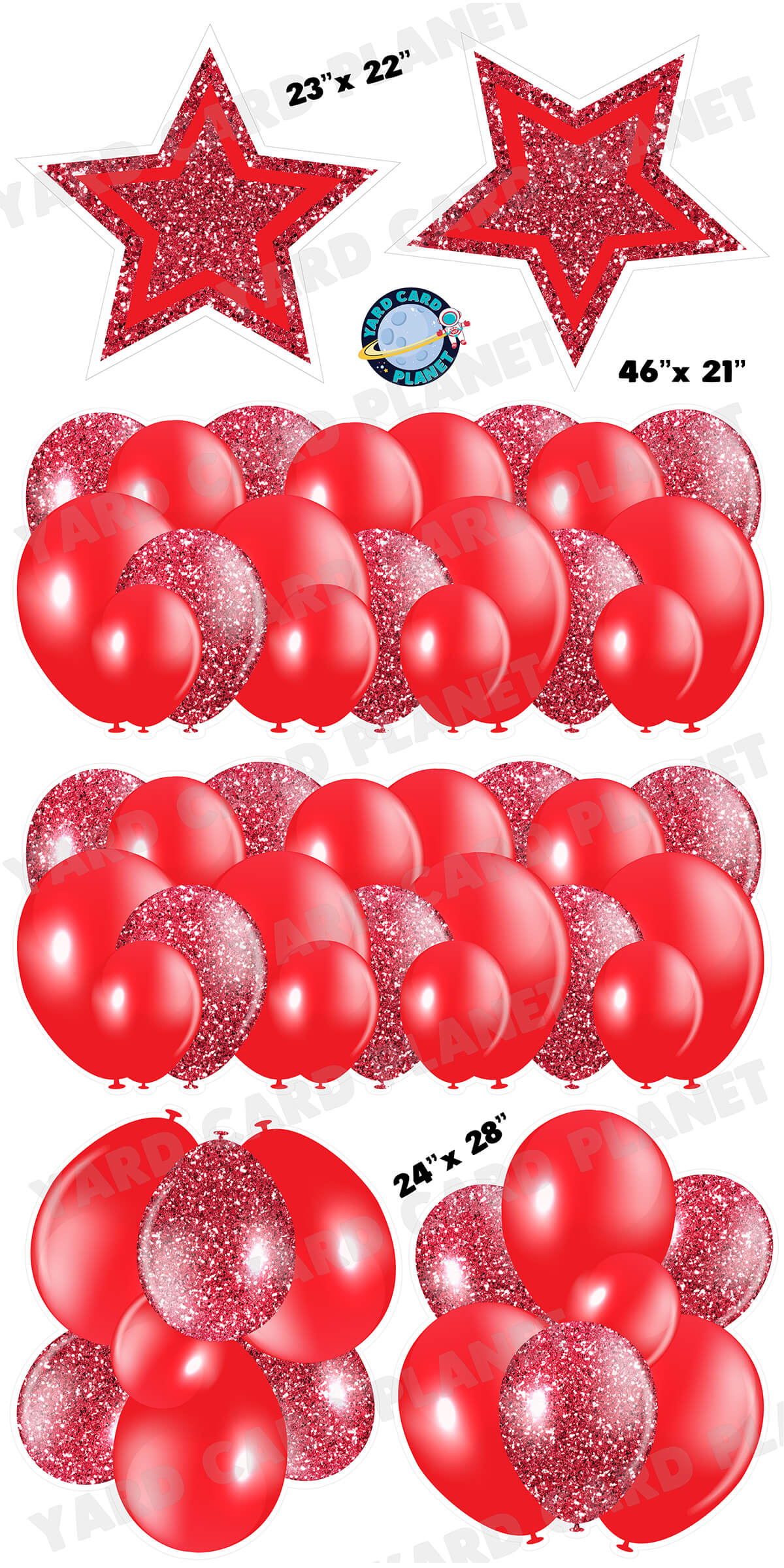 Red Solid and Glitter Pattern Balloon Panels, Bouquets and Large Stars Yard Card Set