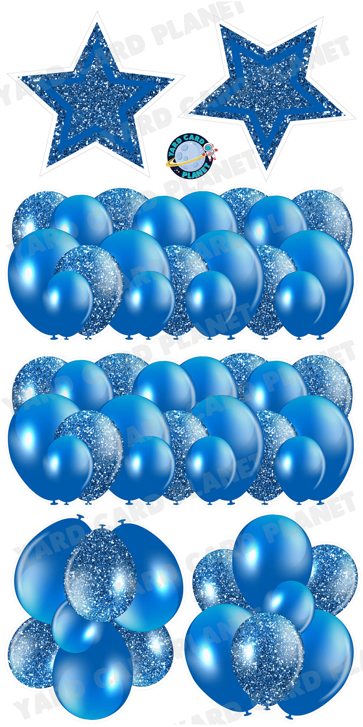 Blue Solid and Glitter Pattern Balloon Panels, Bouquets and Large Stars Yard Card Set