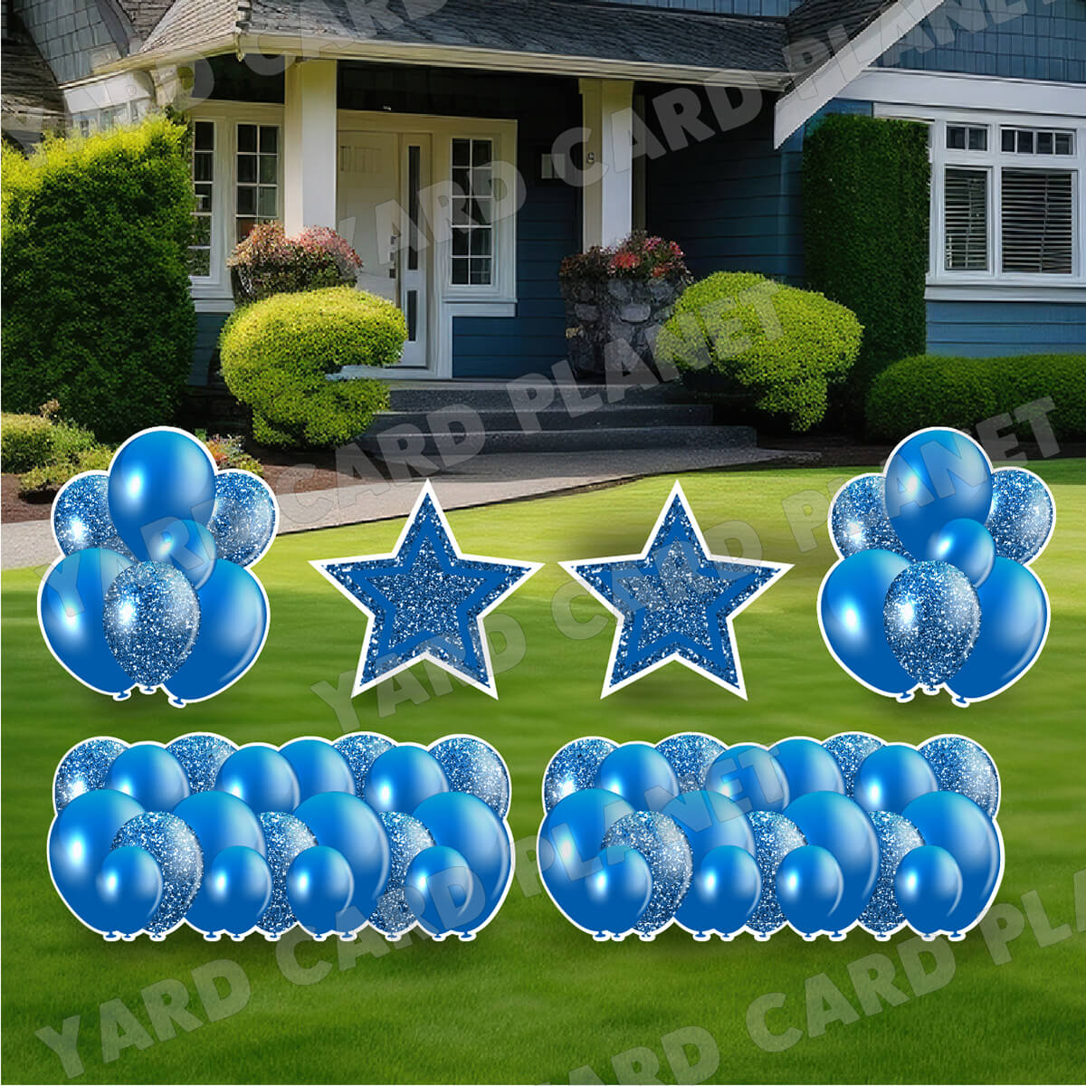 Blue Solid and Glitter Pattern Balloon Panels, Bouquets and Large Stars Yard Card Set