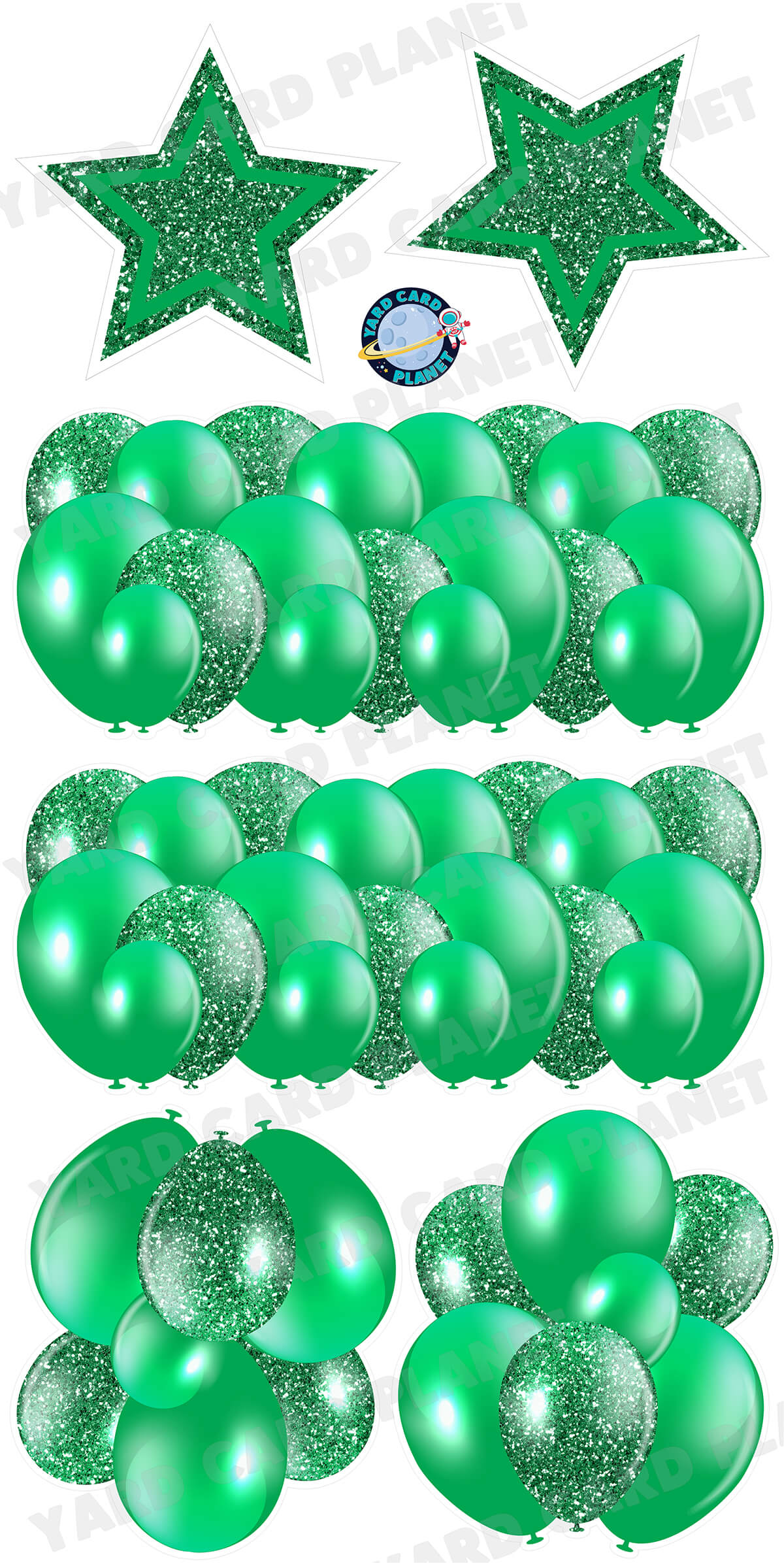 Green Solid and Glitter Pattern Balloon Panels, Bouquets and Large Stars Yard Card Set
