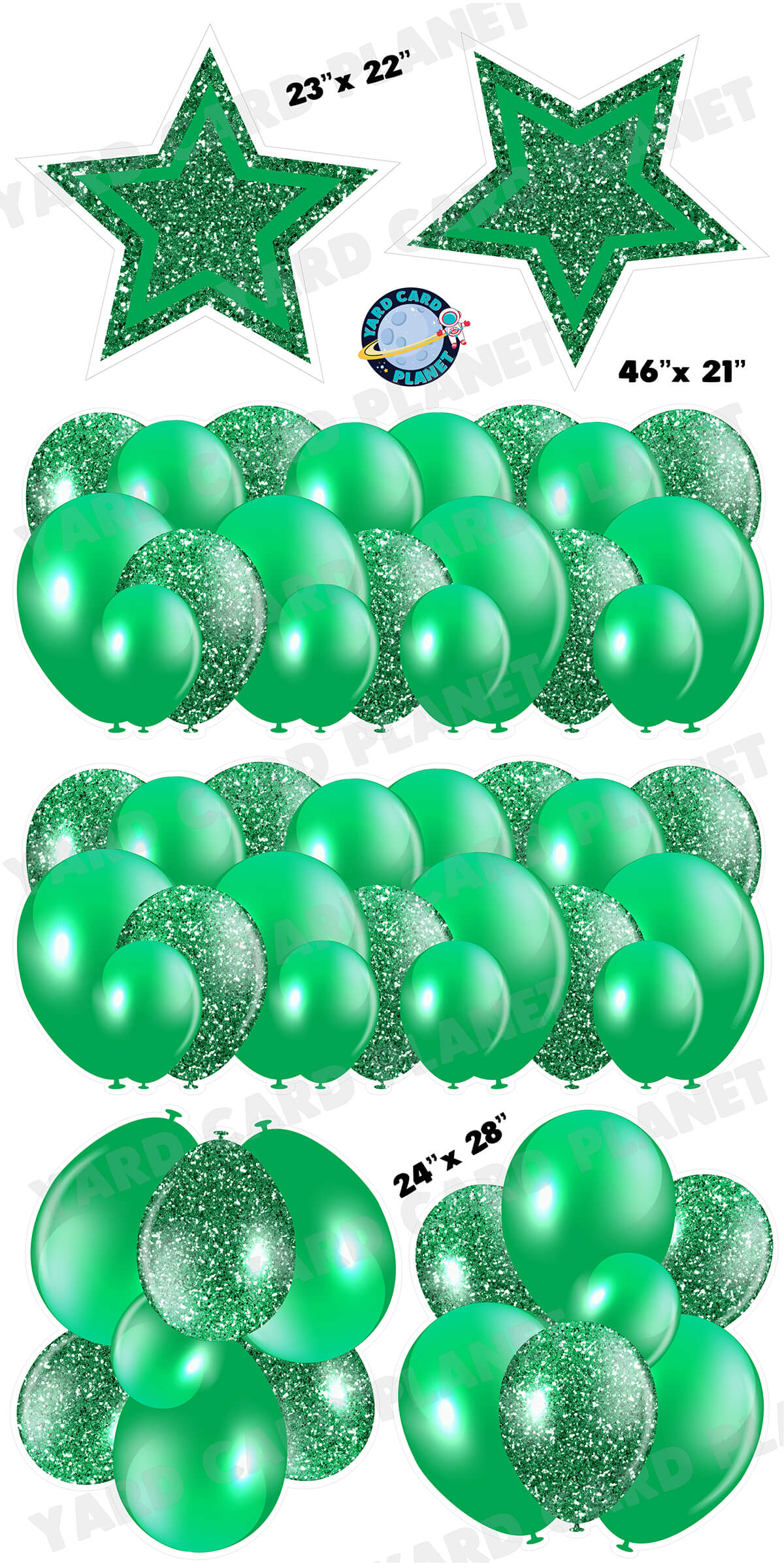 Green Solid and Glitter Pattern Balloon Panels, Bouquets and Large Stars Yard Card Set