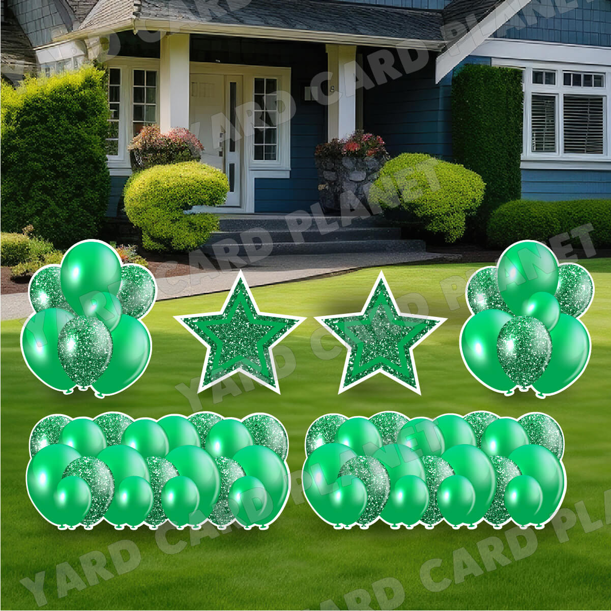 Green Solid and Glitter Pattern Balloon Panels, Bouquets and Large Stars Yard Card Set