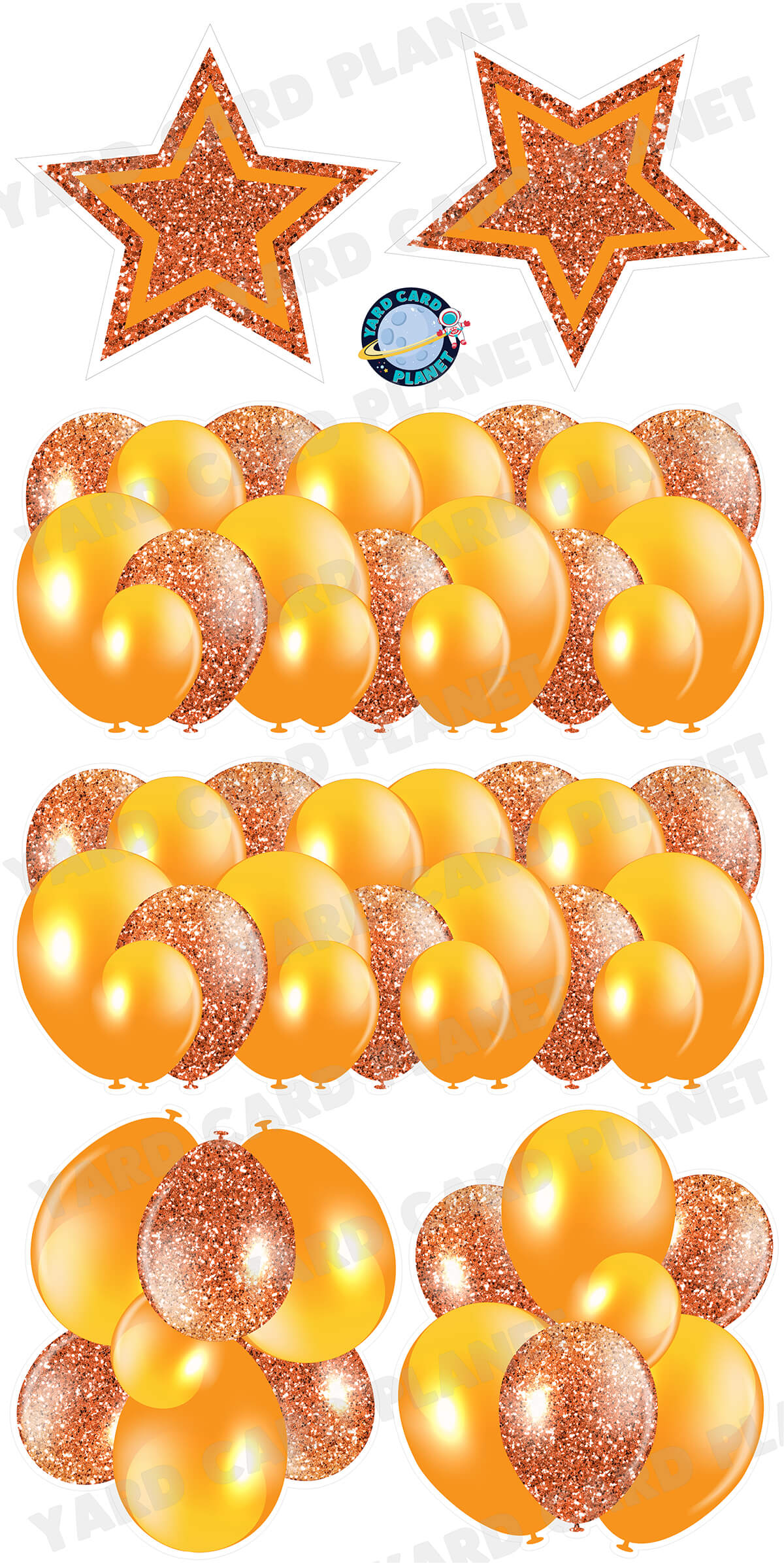 Orange Solid and Glitter Pattern Balloon Panels, Bouquets and Large Stars Yard Card Set