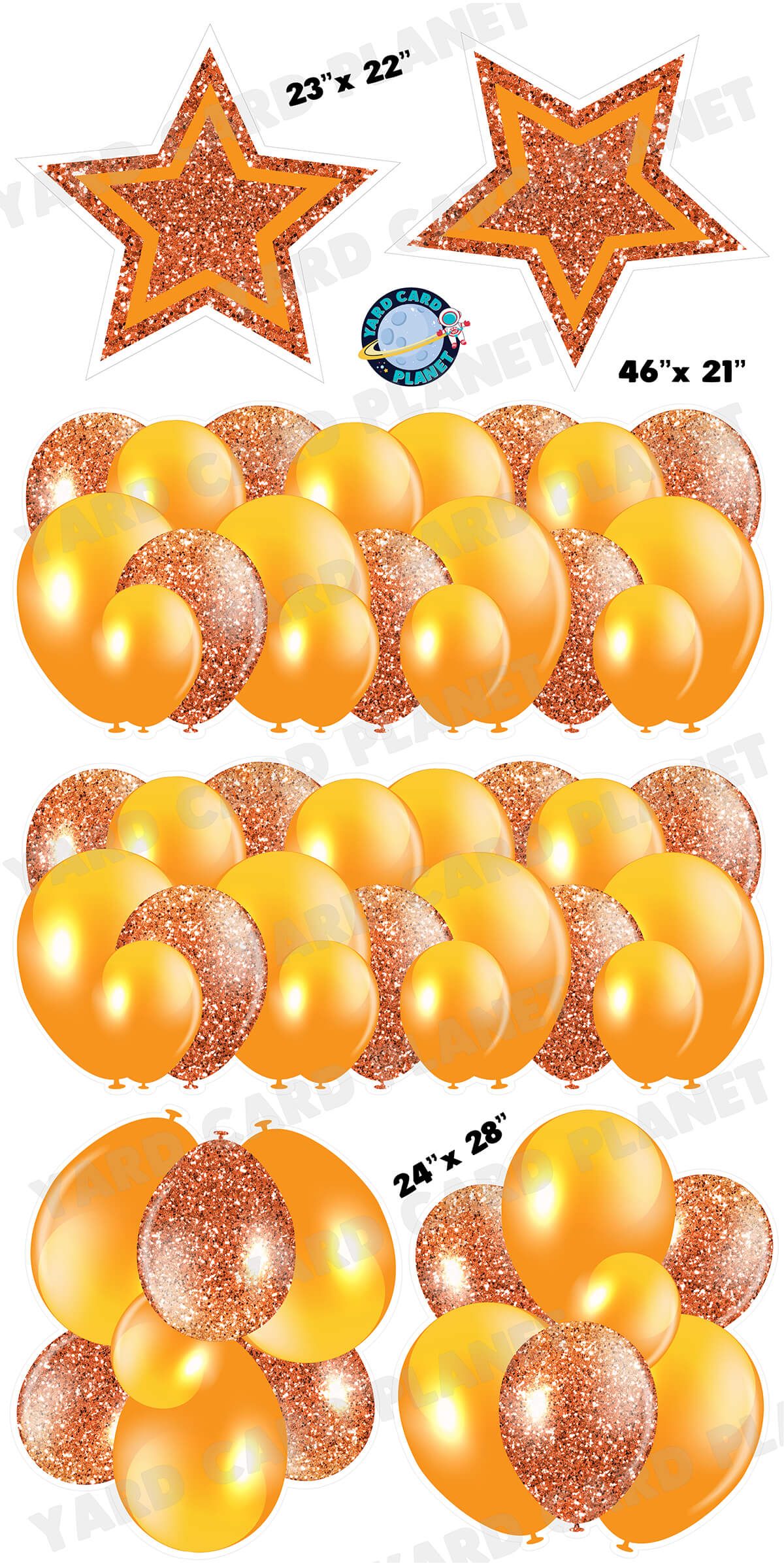 Orange Solid and Glitter Pattern Balloon Panels, Bouquets and Large Stars Yard Card Set