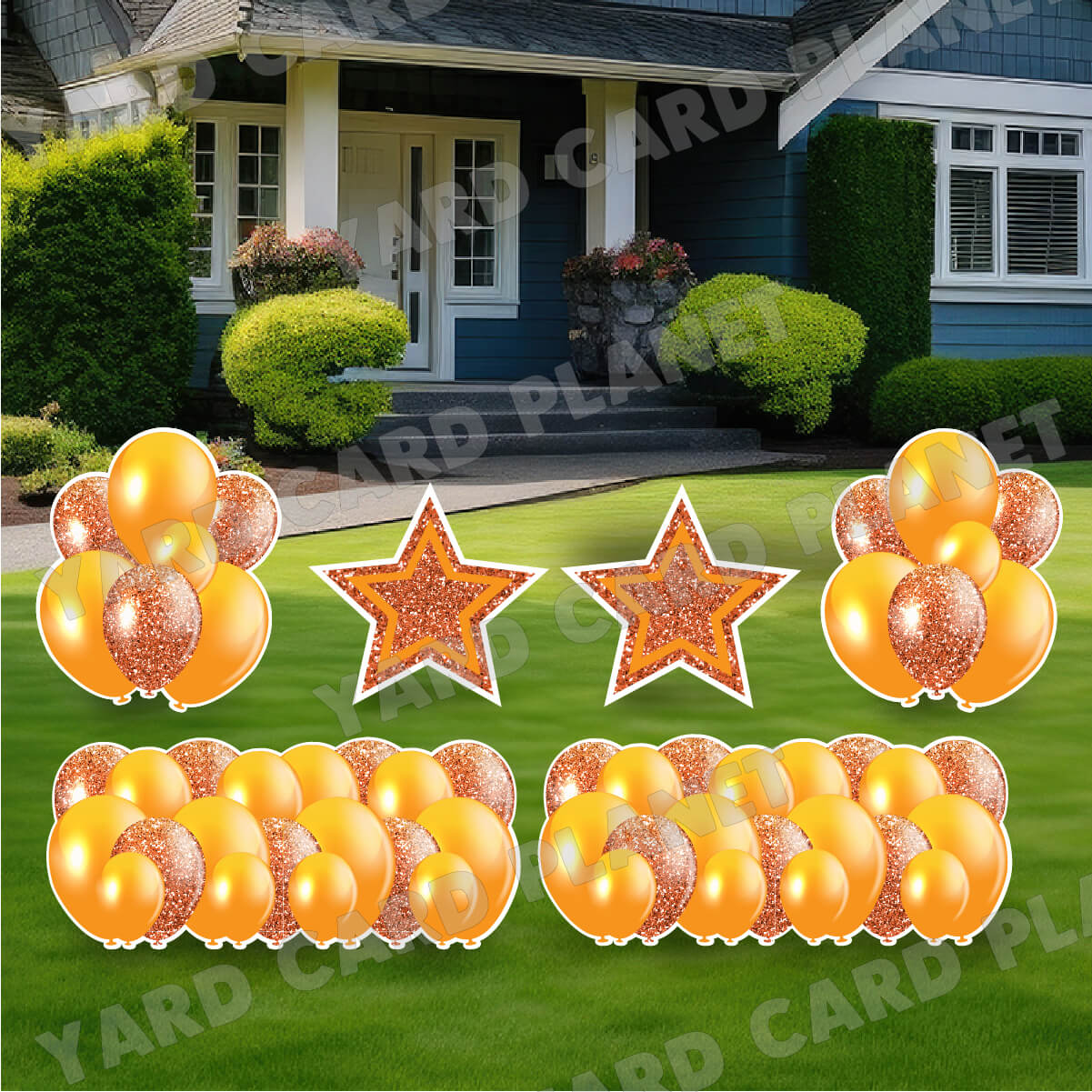 Orange Solid and Glitter Pattern Balloon Panels, Bouquets and Large Stars Yard Card Set