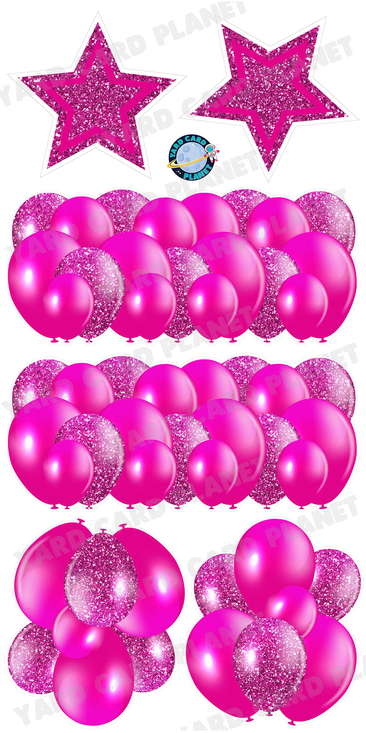 Hot Pink Solid and Glitter Pattern Balloon Panels, Bouquets and Large Stars Yard Card Set