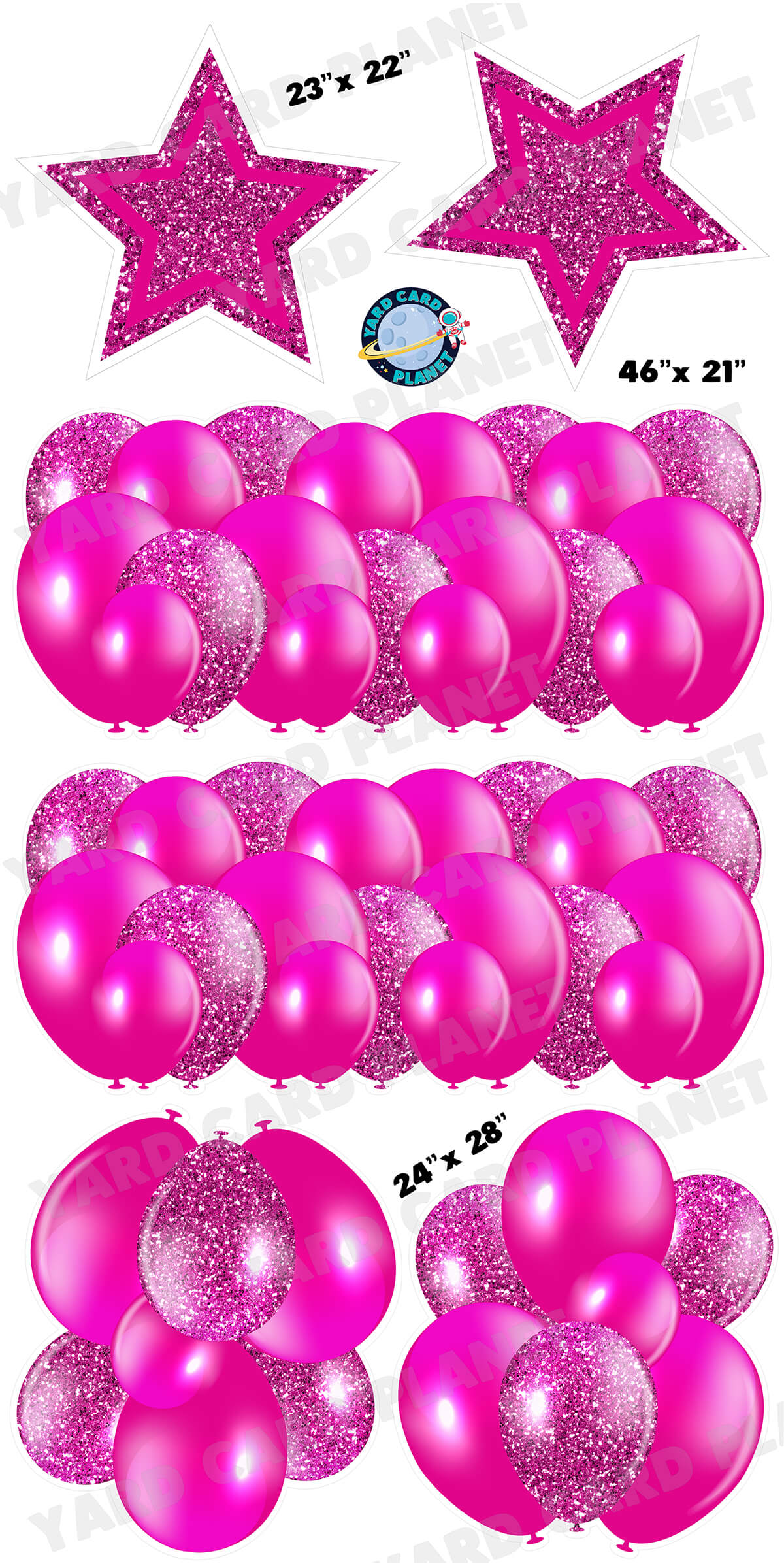 Hot Pink Solid and Glitter Pattern Balloon Panels, Bouquets and Large Stars Yard Card Set