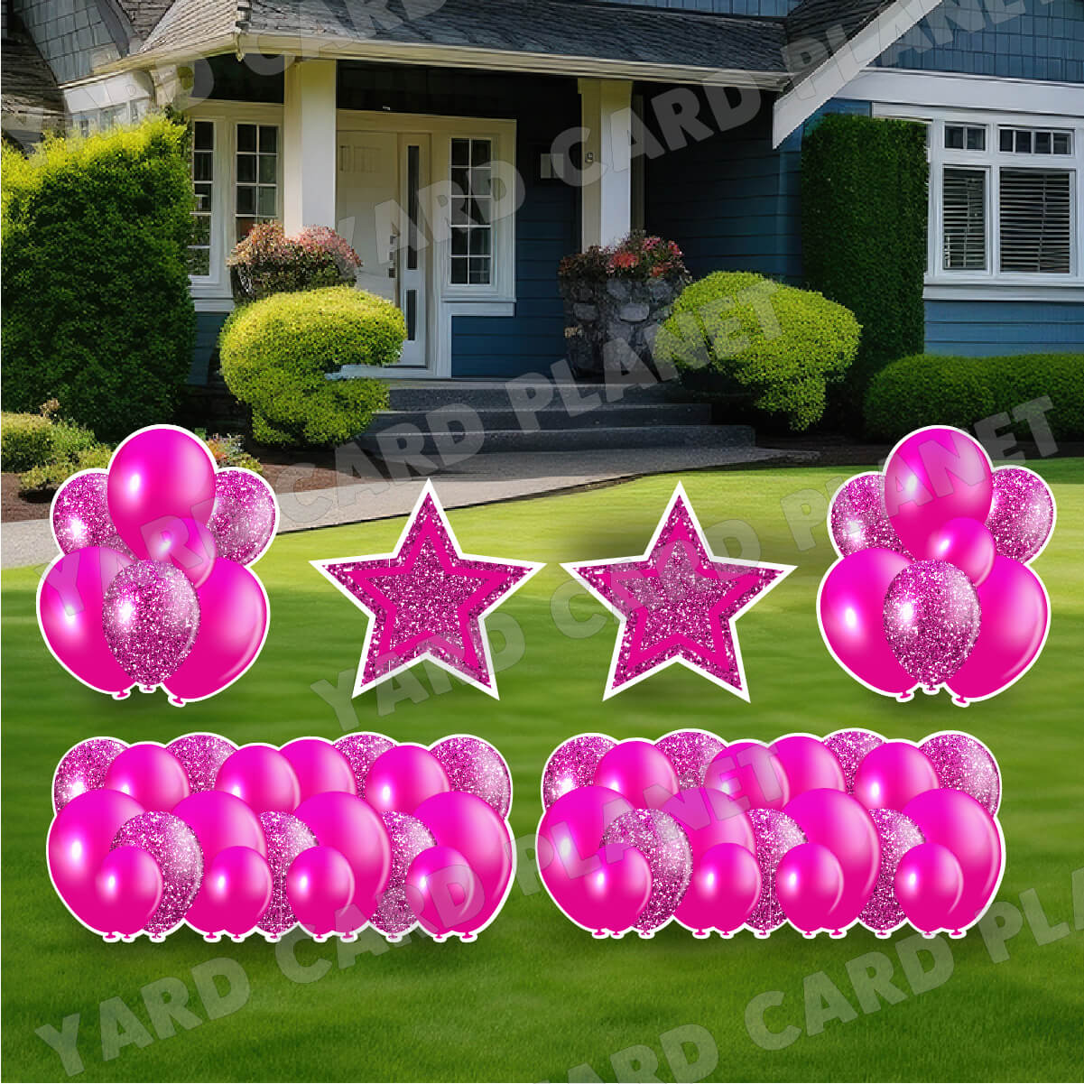 Hot Pink Solid and Glitter Pattern Balloon Panels, Bouquets and Large Stars Yard Card Set