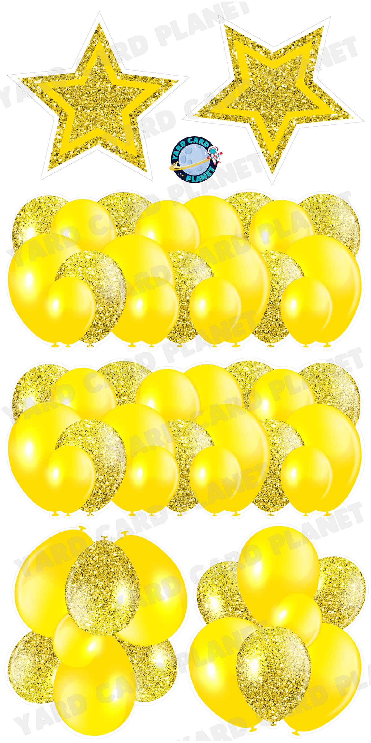 Yellow Solid and Glitter Pattern Balloon Panels, Bouquets and Large Stars Yard Card Set