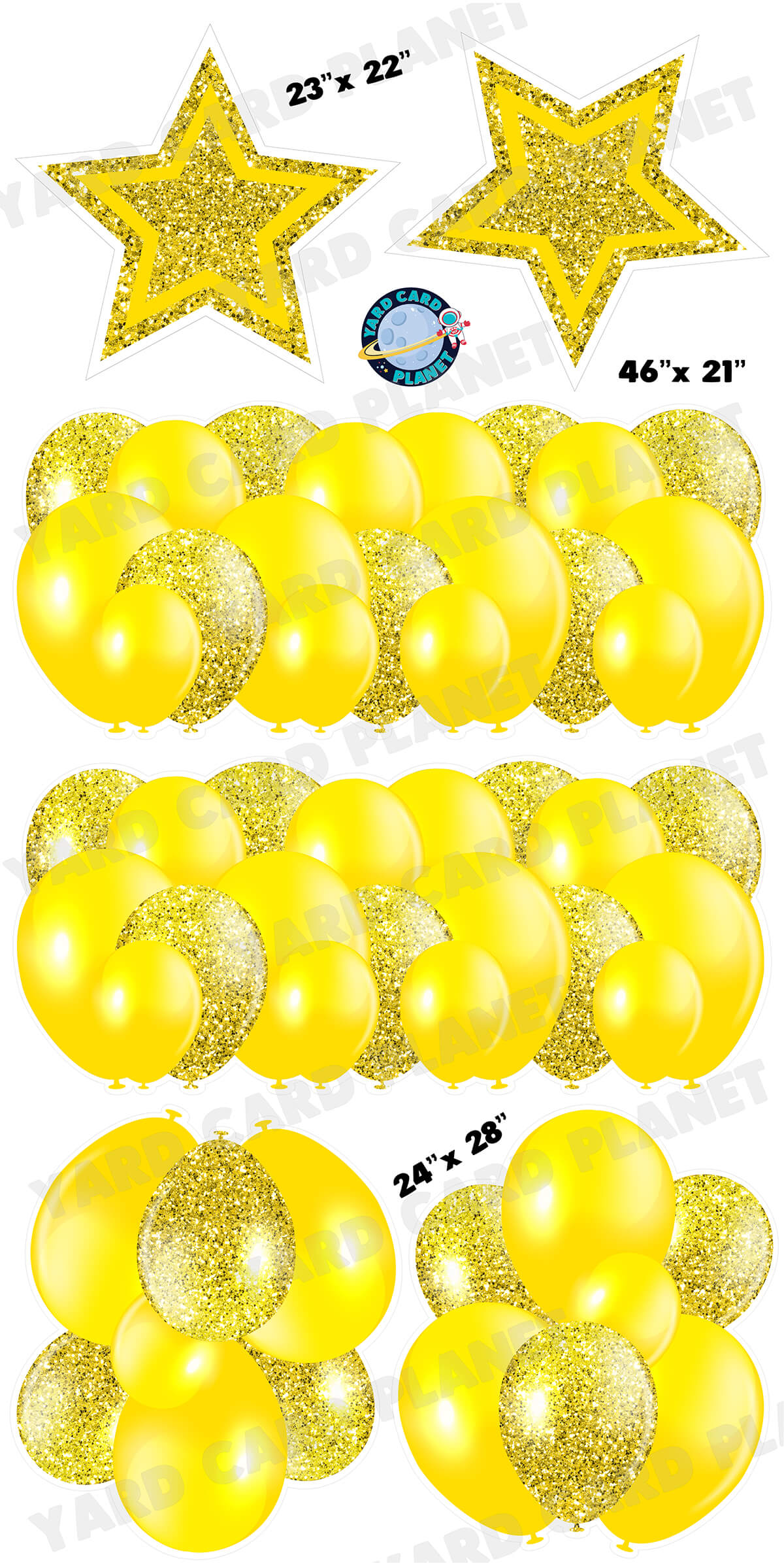Yellow Solid and Glitter Pattern Balloon Panels, Bouquets and Large Stars Yard Card Set