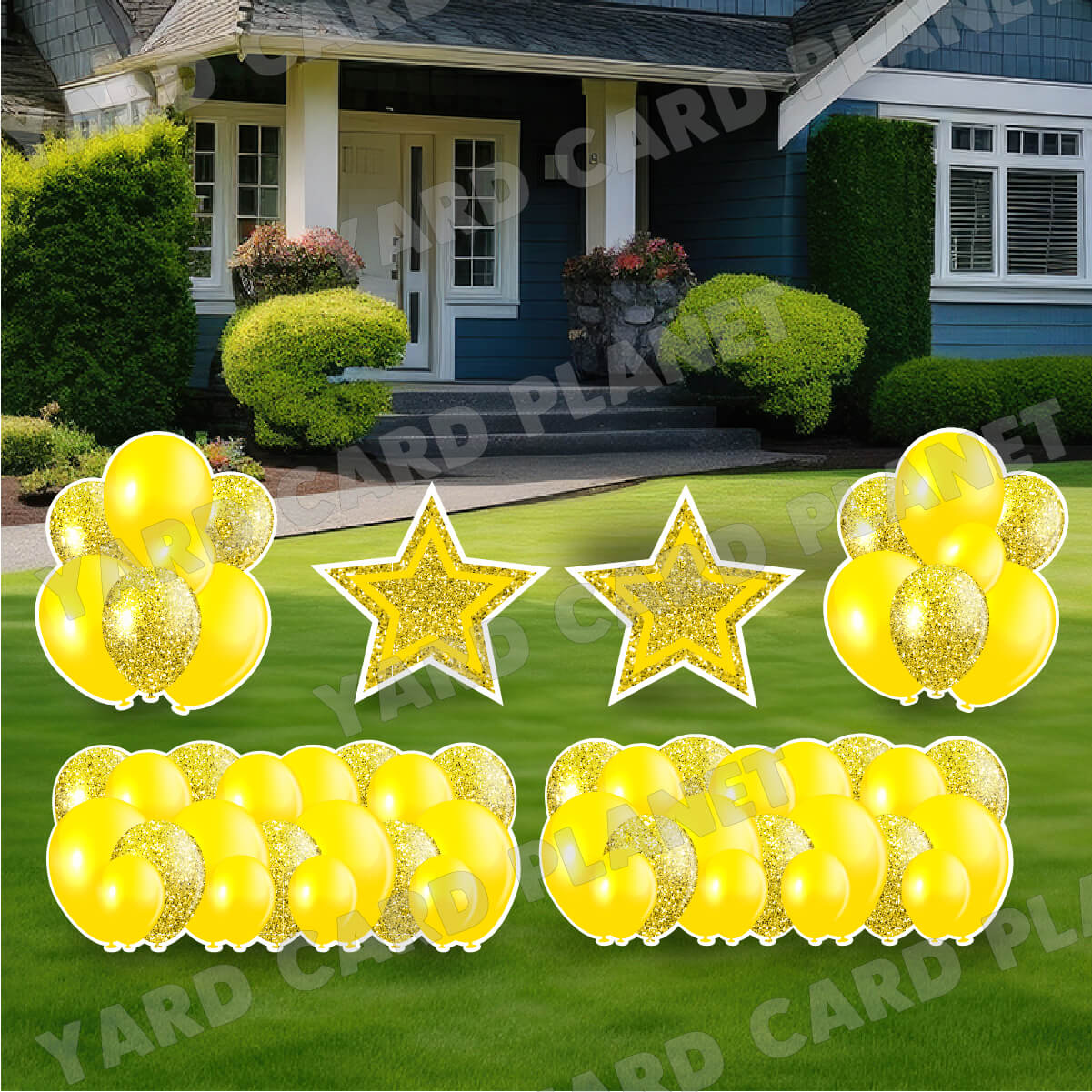 Yellow Solid and Glitter Pattern Balloon Panels, Bouquets and Large Stars Yard Card Set
