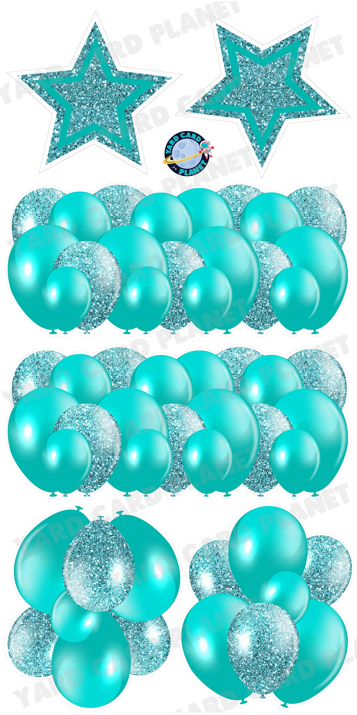 Teal Solid and Glitter Pattern Balloon Panels, Bouquets and Large Stars Yard Card Set
