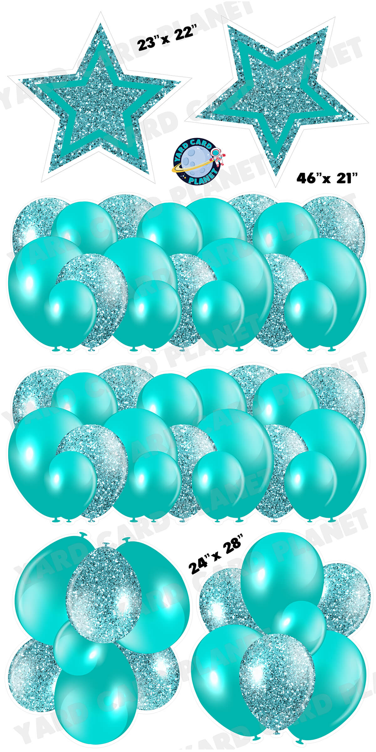 Teal Solid and Glitter Pattern Balloon Panels, Bouquets and Large Stars Yard Card Set