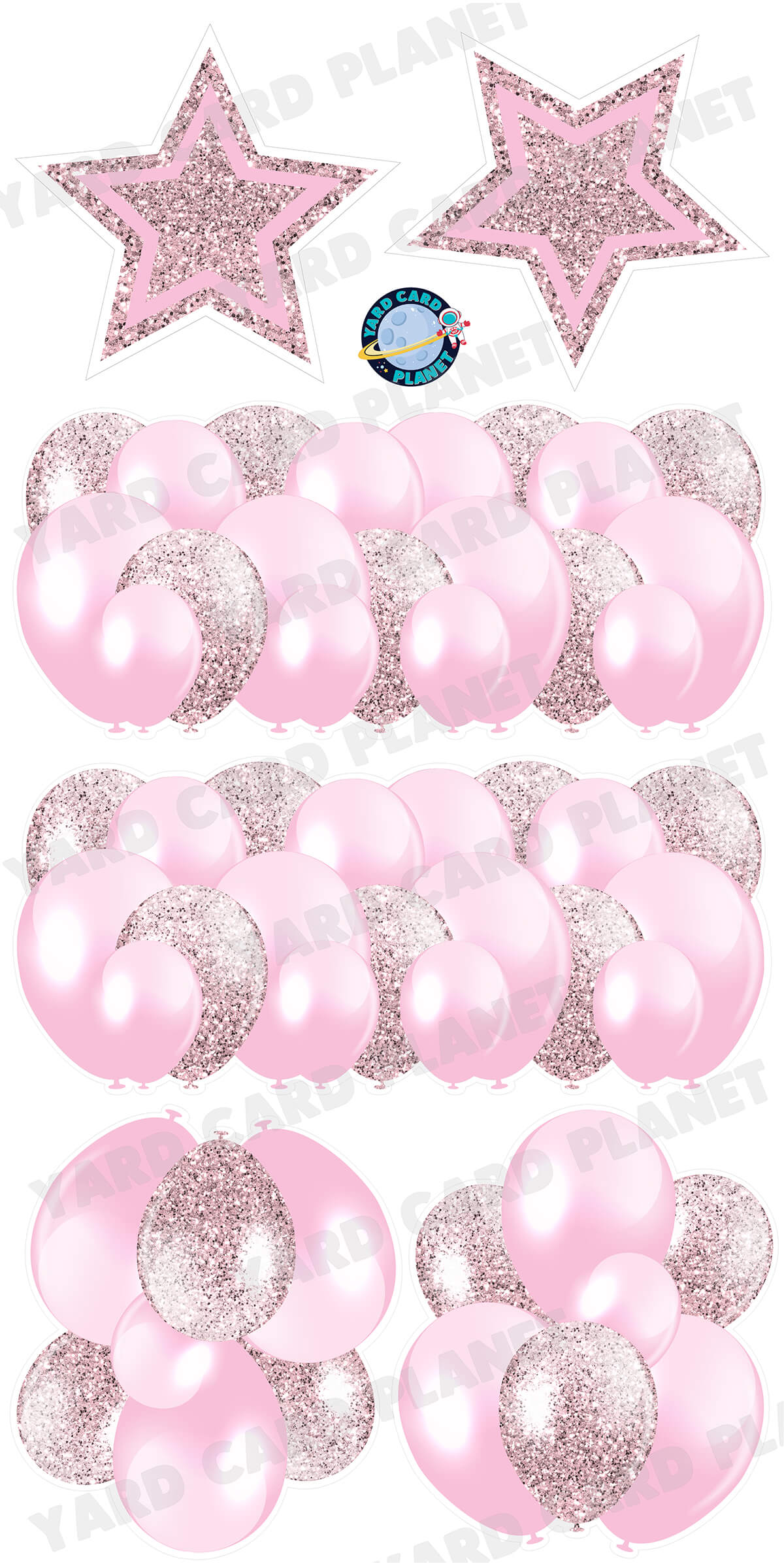 Light Pink Solid and Glitter Pattern Balloon Panels, Bouquets and Large Stars Yard Card Set