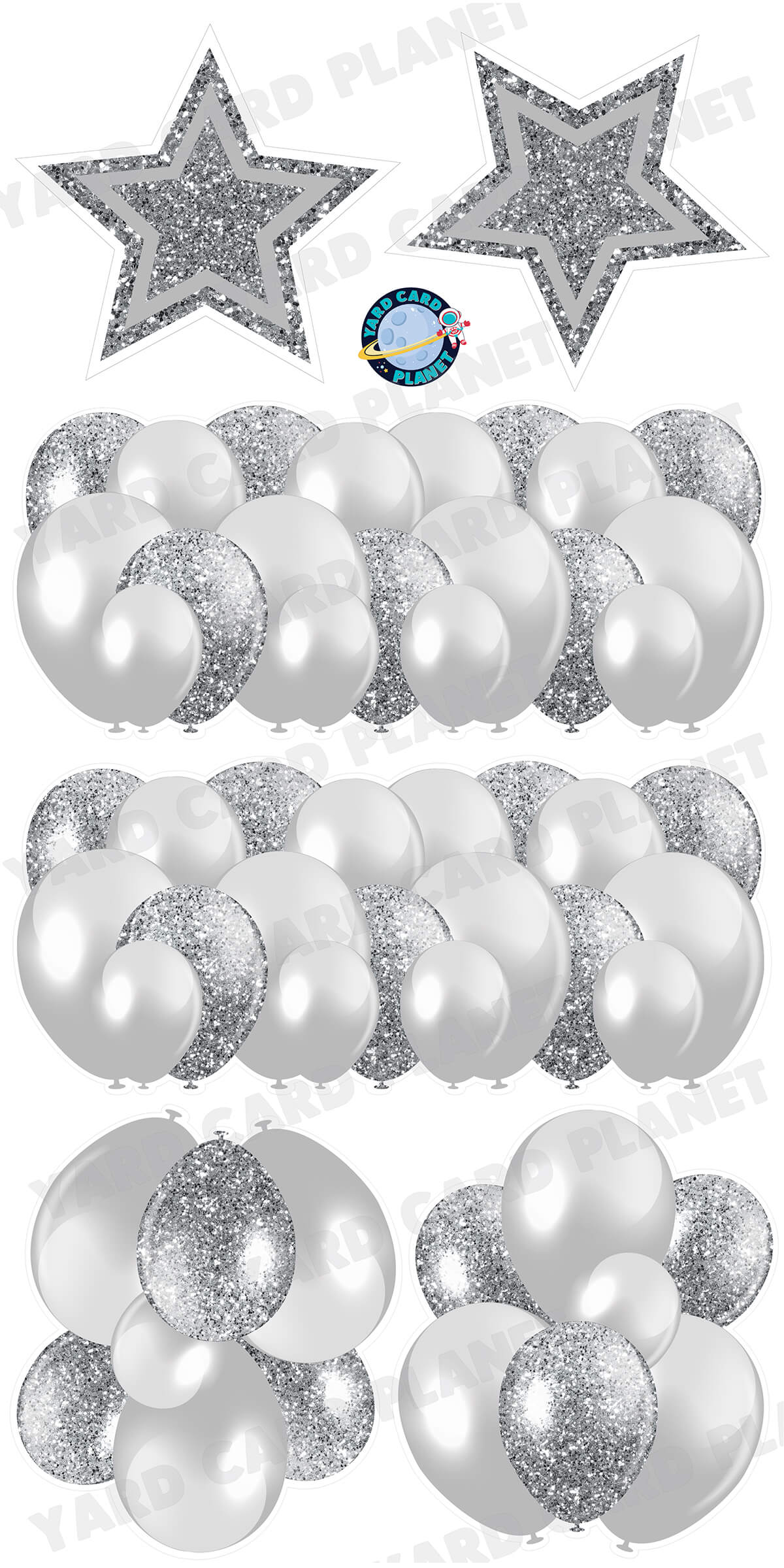 Grey Solid and Glitter Pattern Balloon Panels, Bouquets and Large Stars Yard Card Set