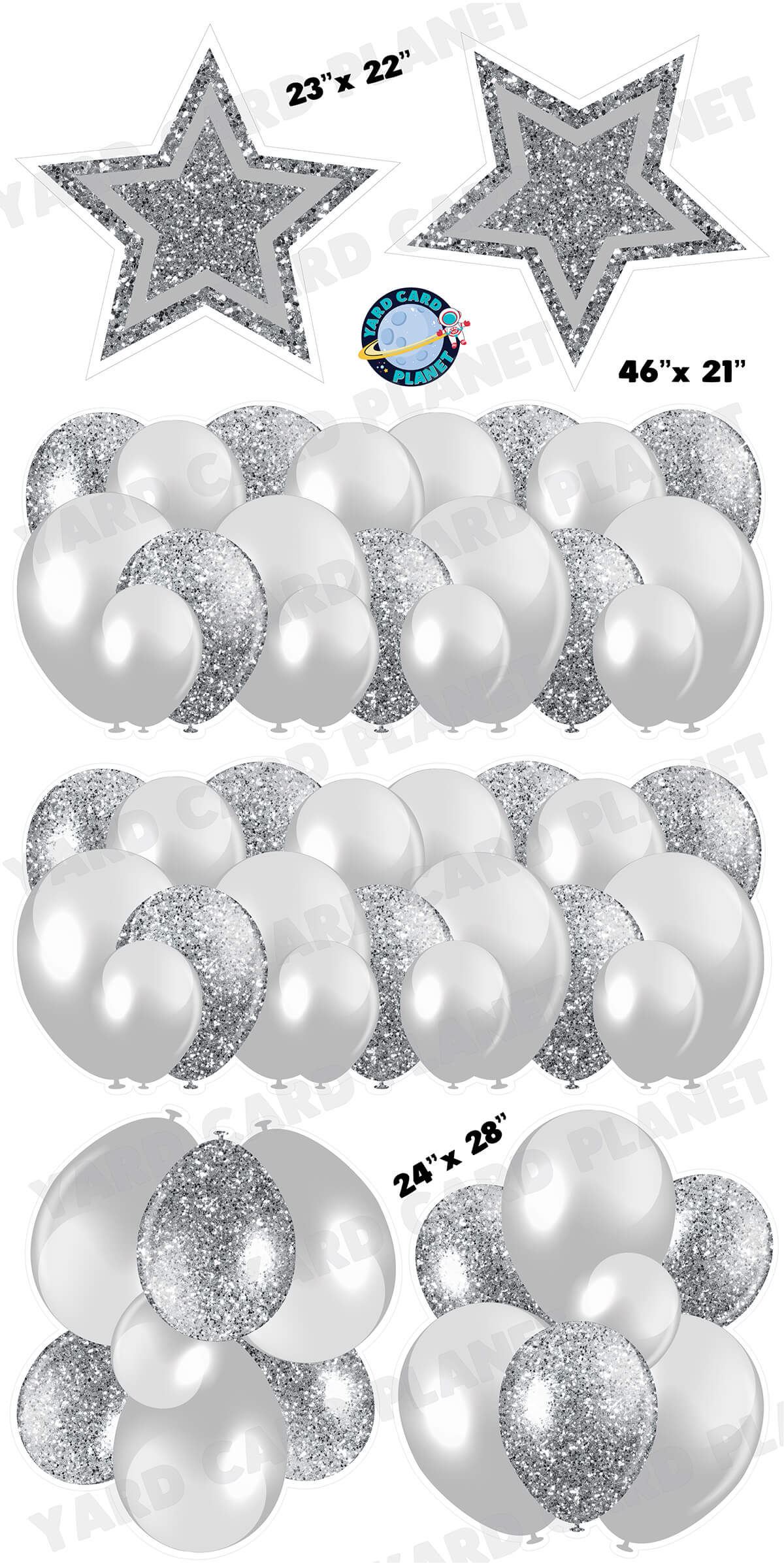 Grey Solid and Glitter Pattern Balloon Panels, Bouquets and Large Stars Yard Card Set