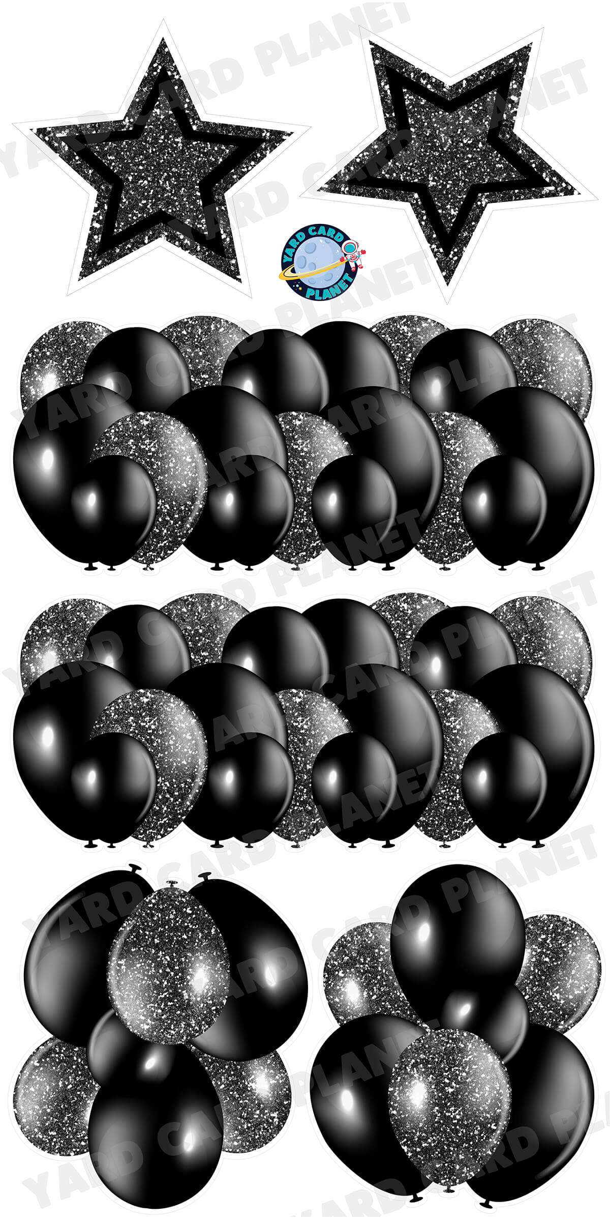 Black Solid and Glitter Pattern Balloon Panels, Bouquets and Large Stars Yard Card Set