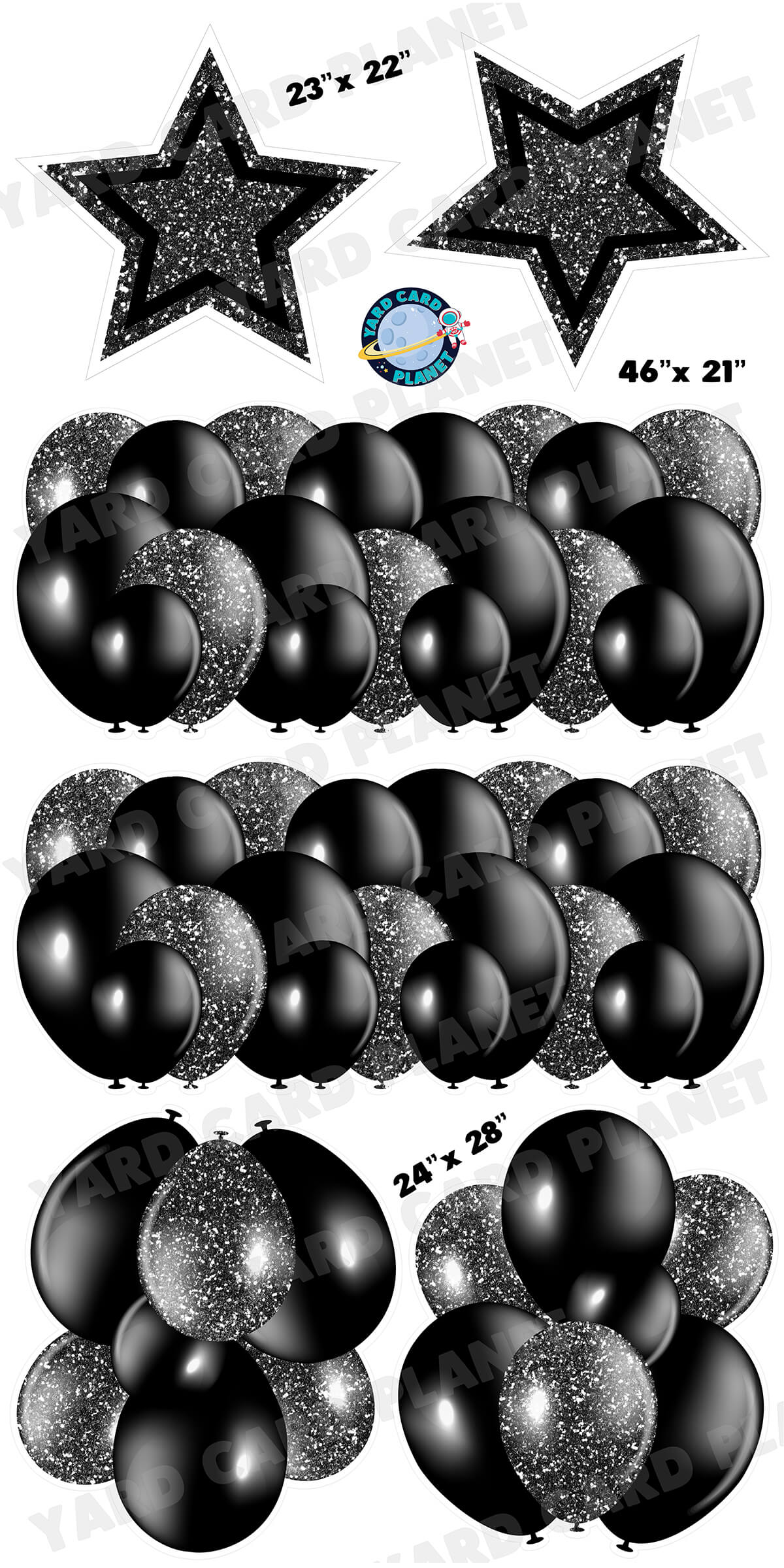Black Solid and Glitter Pattern Balloon Panels, Bouquets and Large Stars Yard Card Set