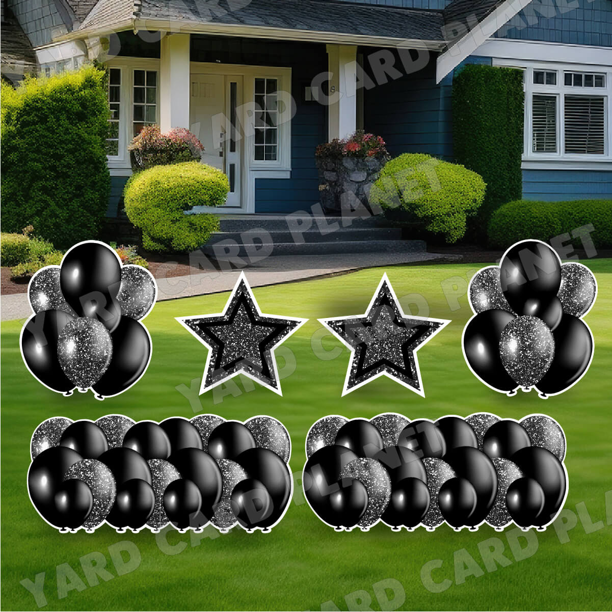Black Solid and Glitter Pattern Balloon Panels, Bouquets and Large Stars Yard Card Set