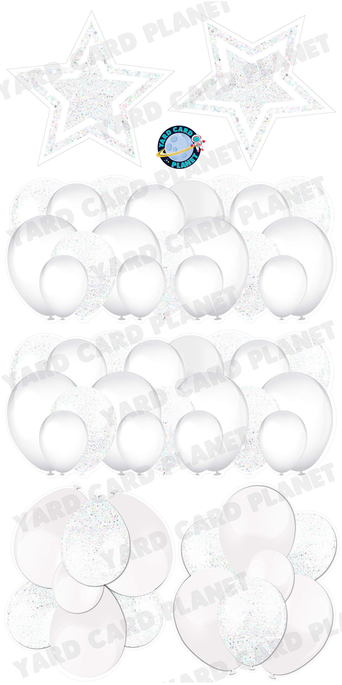 White Solid and Glitter Pattern Balloon Panels, Bouquets and Large Stars Yard Card Set