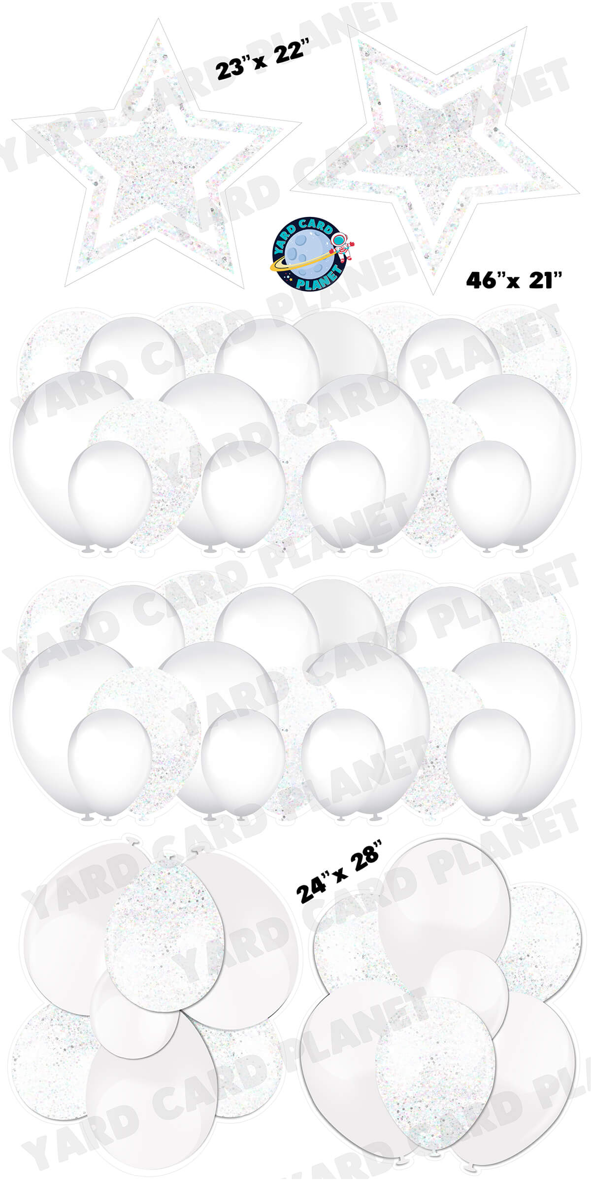 White Solid and Glitter Pattern Balloon Panels, Bouquets and Large Stars Yard Card Set