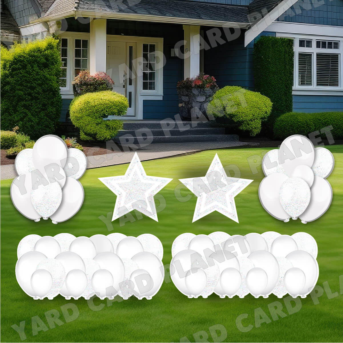 White Solid and Glitter Pattern Balloon Panels, Bouquets and Large Stars Yard Card Set