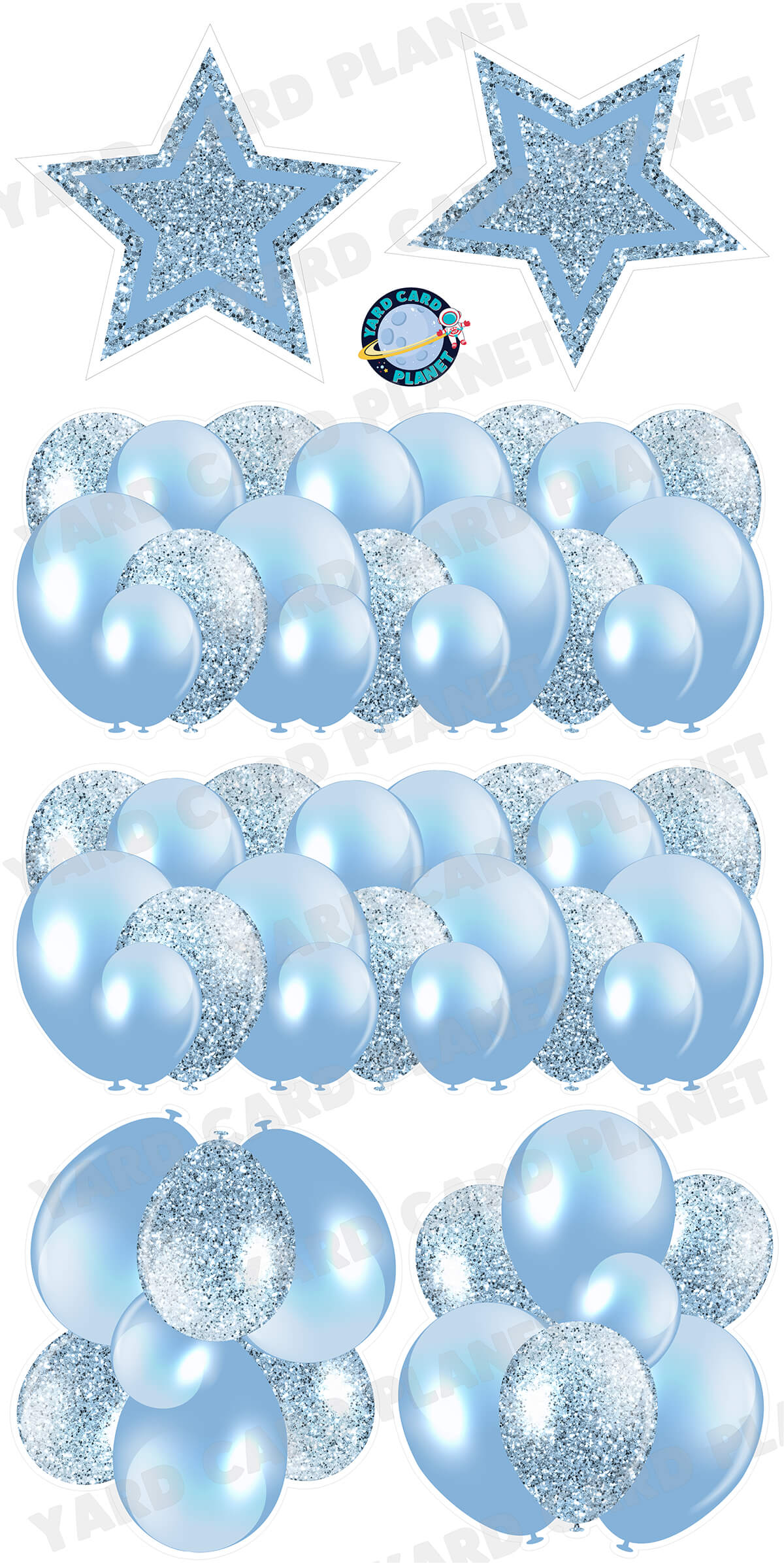 Baby Blue Solid and Glitter Pattern Balloon Panels, Bouquets and Large Stars Yard Card Set