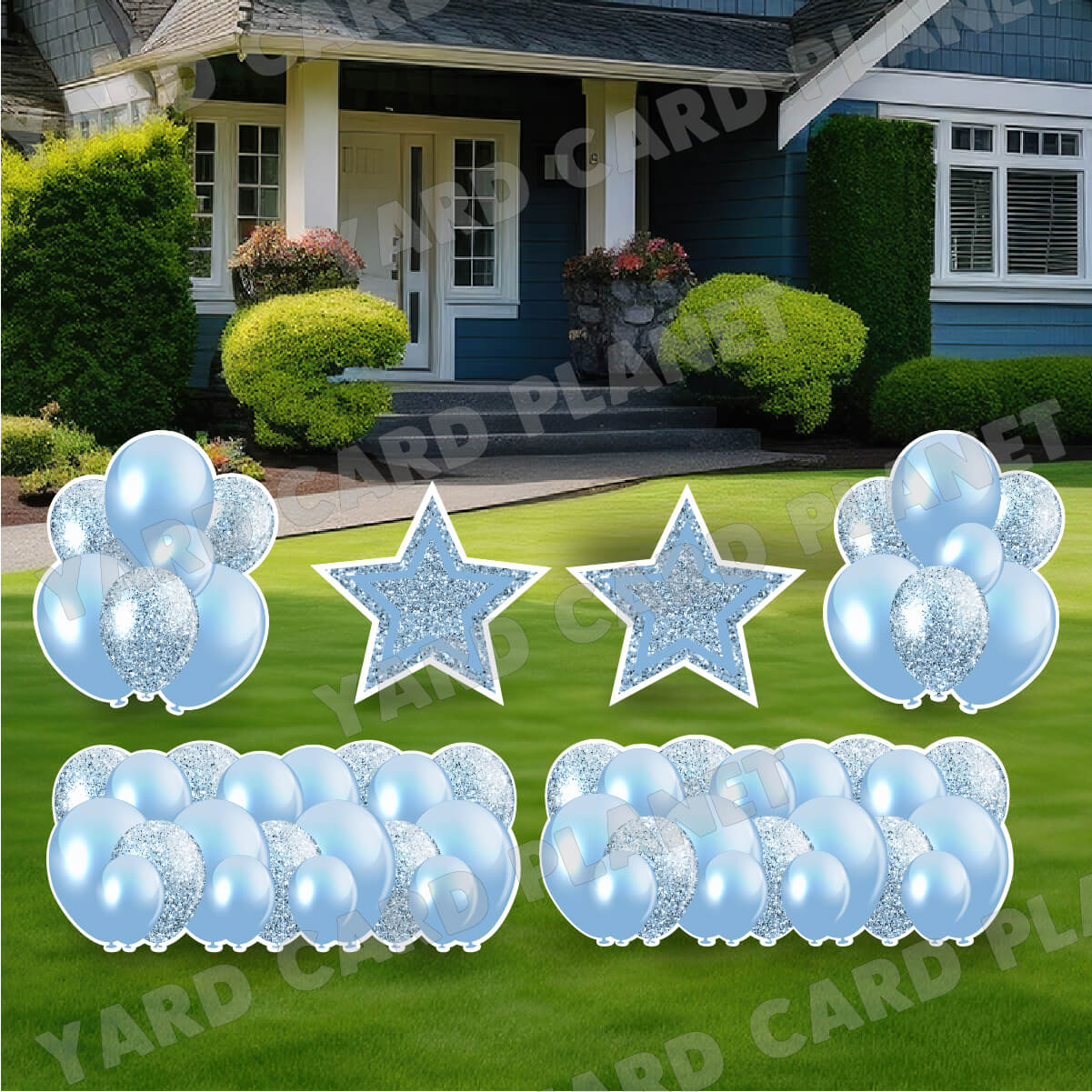 Baby Blue Solid and Glitter Pattern Balloon Panels, Bouquets and Large Stars Yard Card Set