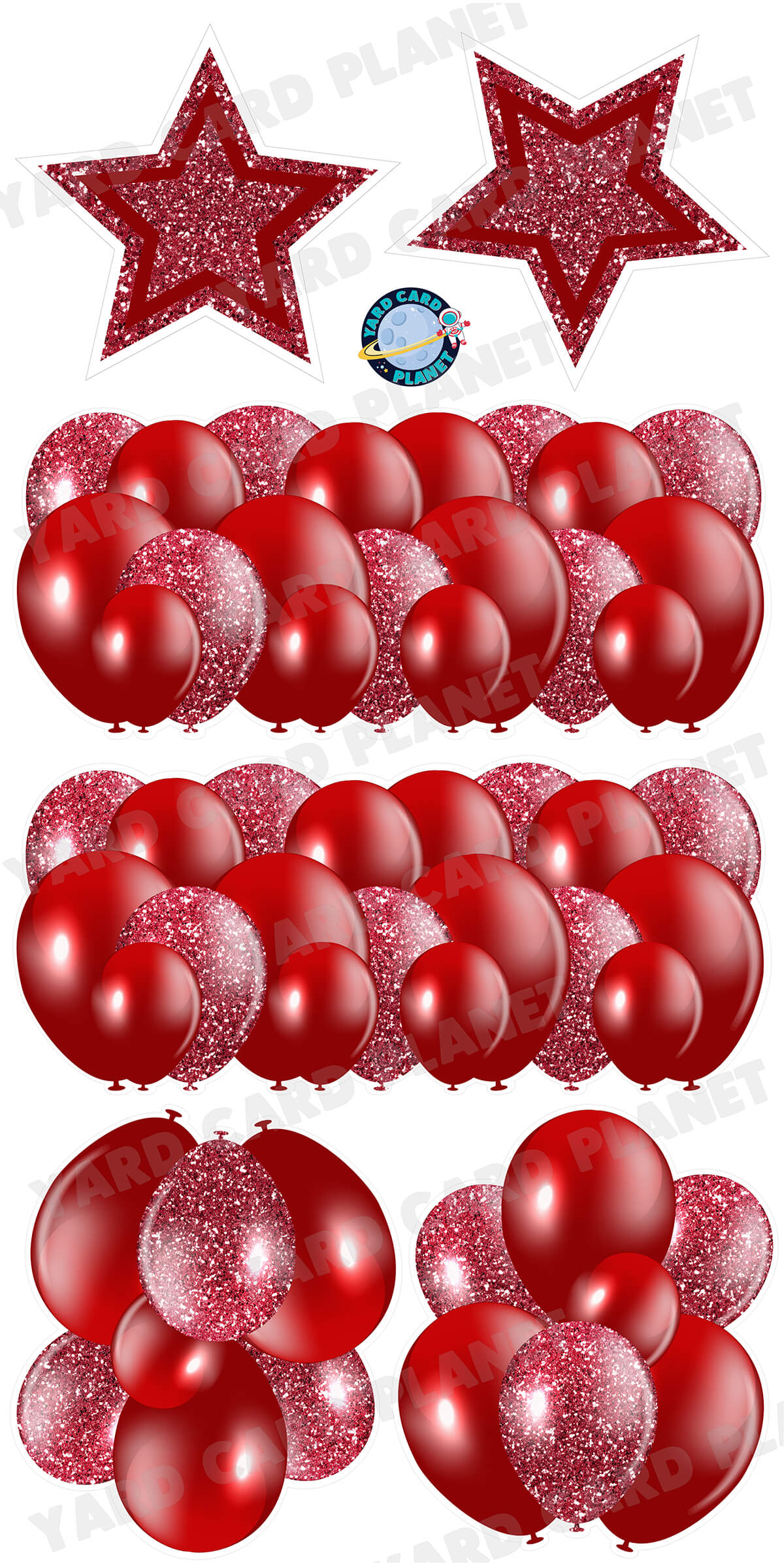 Maroon Solid and Glitter Pattern Balloon Panels, Bouquets and Large Stars Yard Card Set