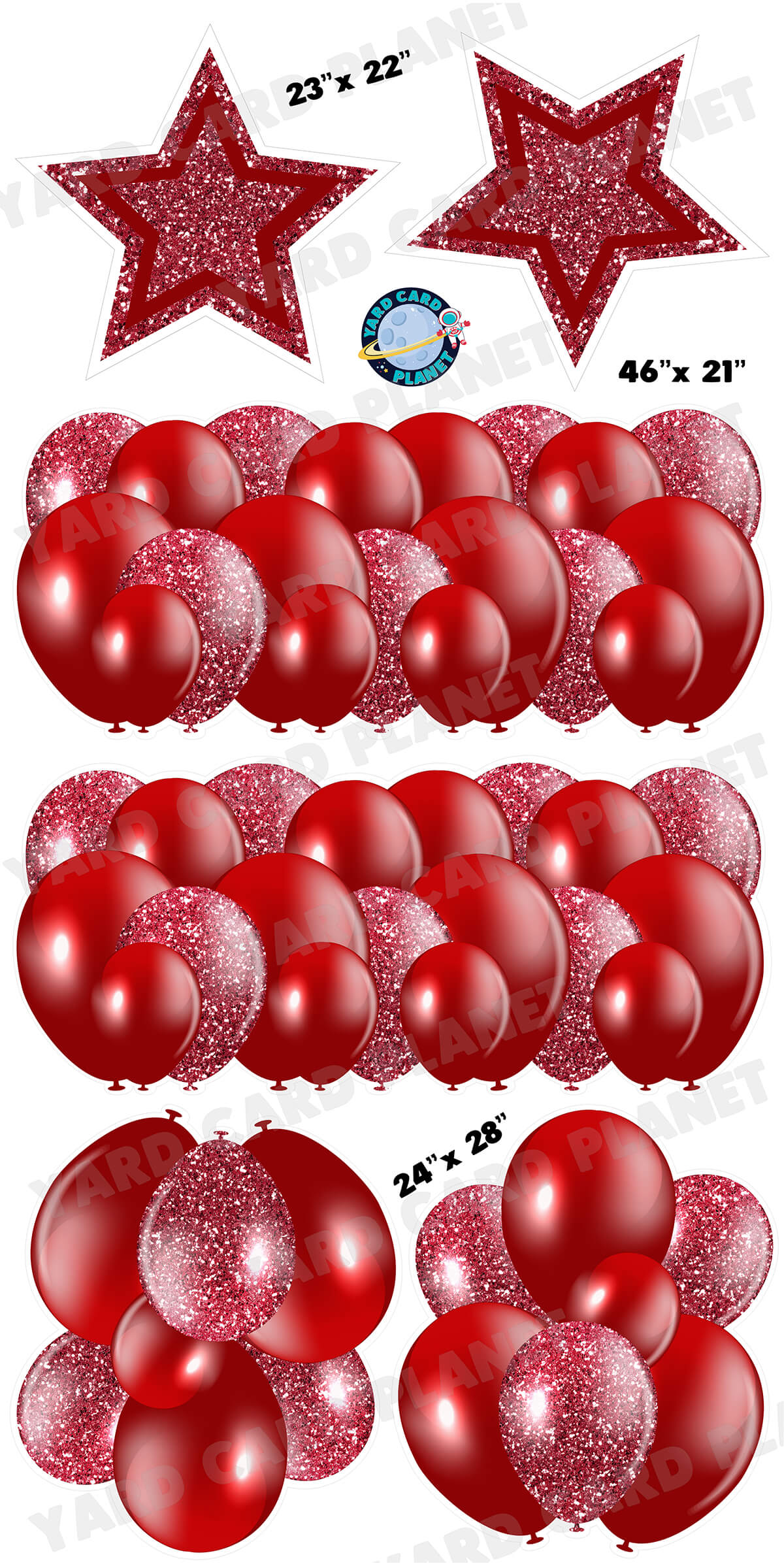 Maroon Solid and Glitter Pattern Balloon Panels, Bouquets and Large Stars Yard Card Set