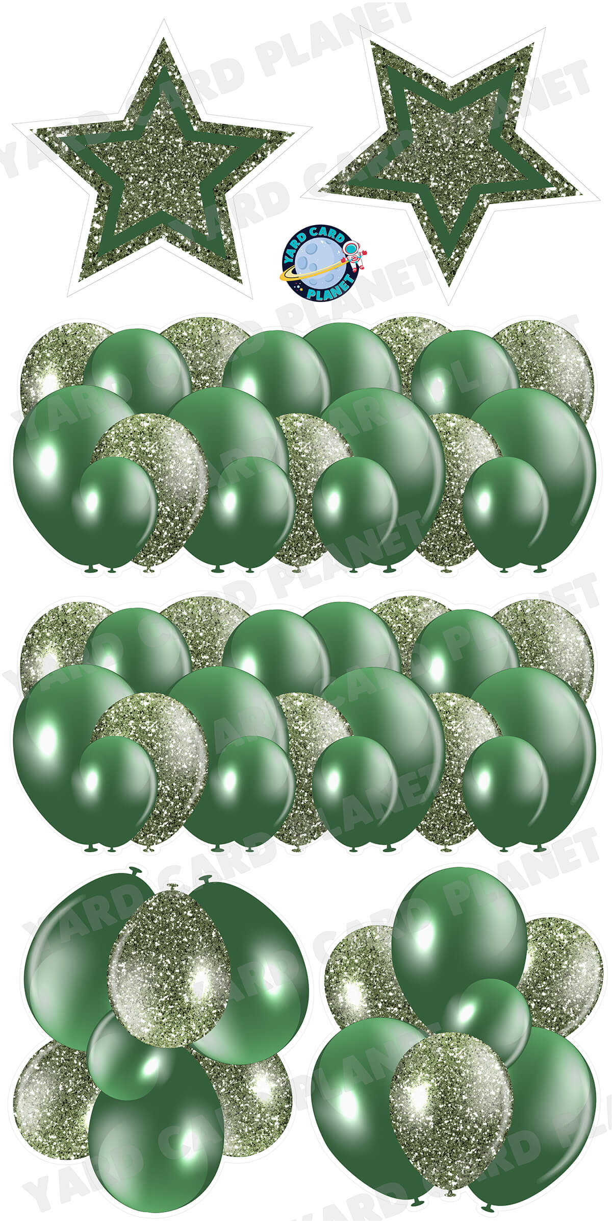 Hunter Green Solid and Glitter Pattern Balloon Panels, Bouquets and Large Stars Yard Card Set