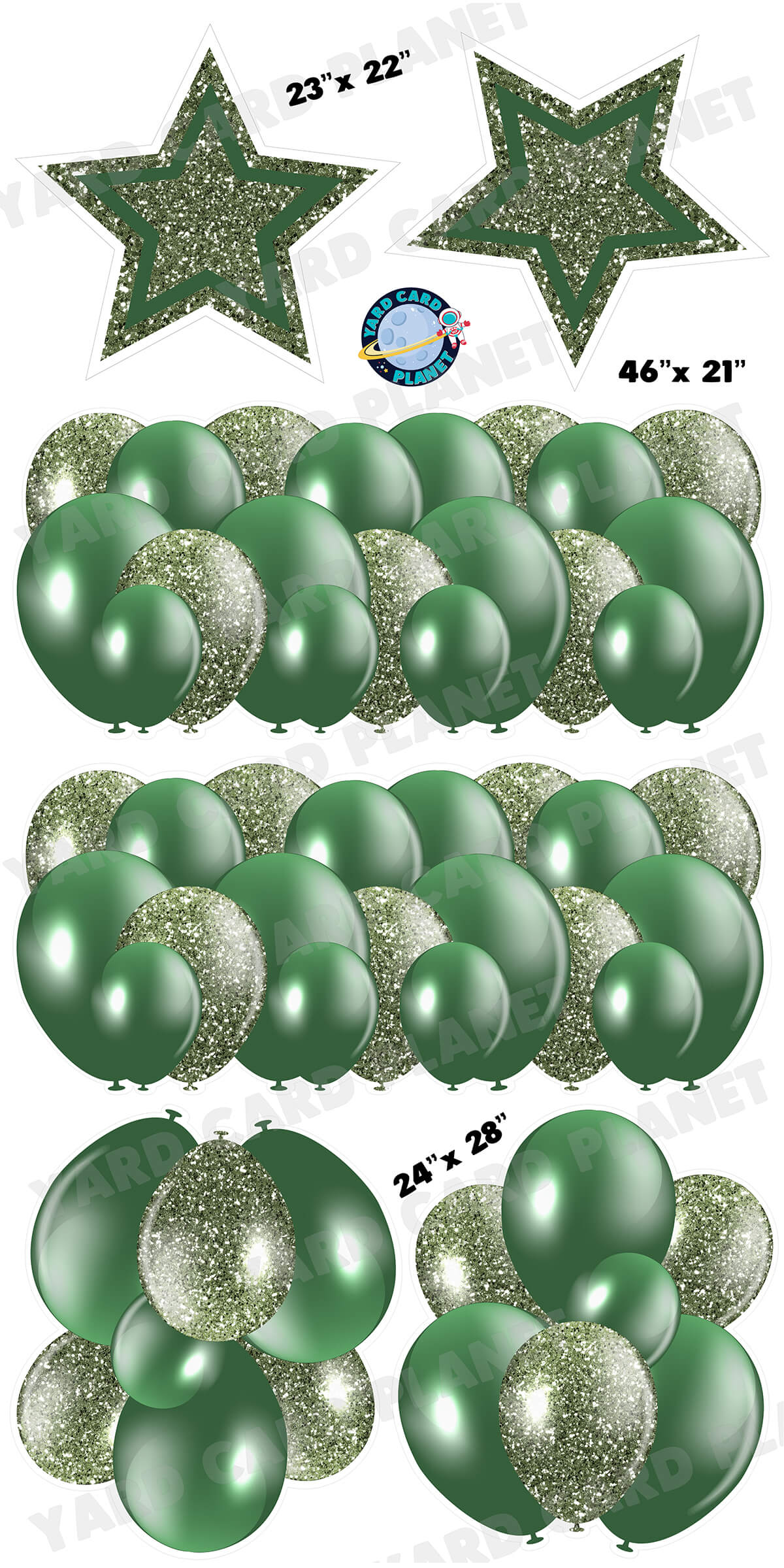 Hunter Green Solid and Glitter Pattern Balloon Panels, Bouquets and Large Stars Yard Card Set