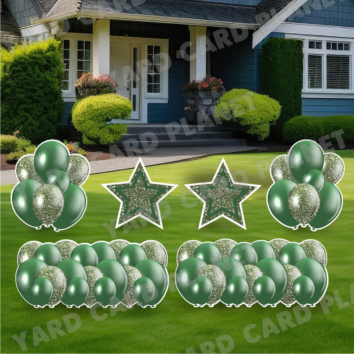 Hunter Green Solid and Glitter Pattern Balloon Panels, Bouquets and Large Stars Yard Card Set